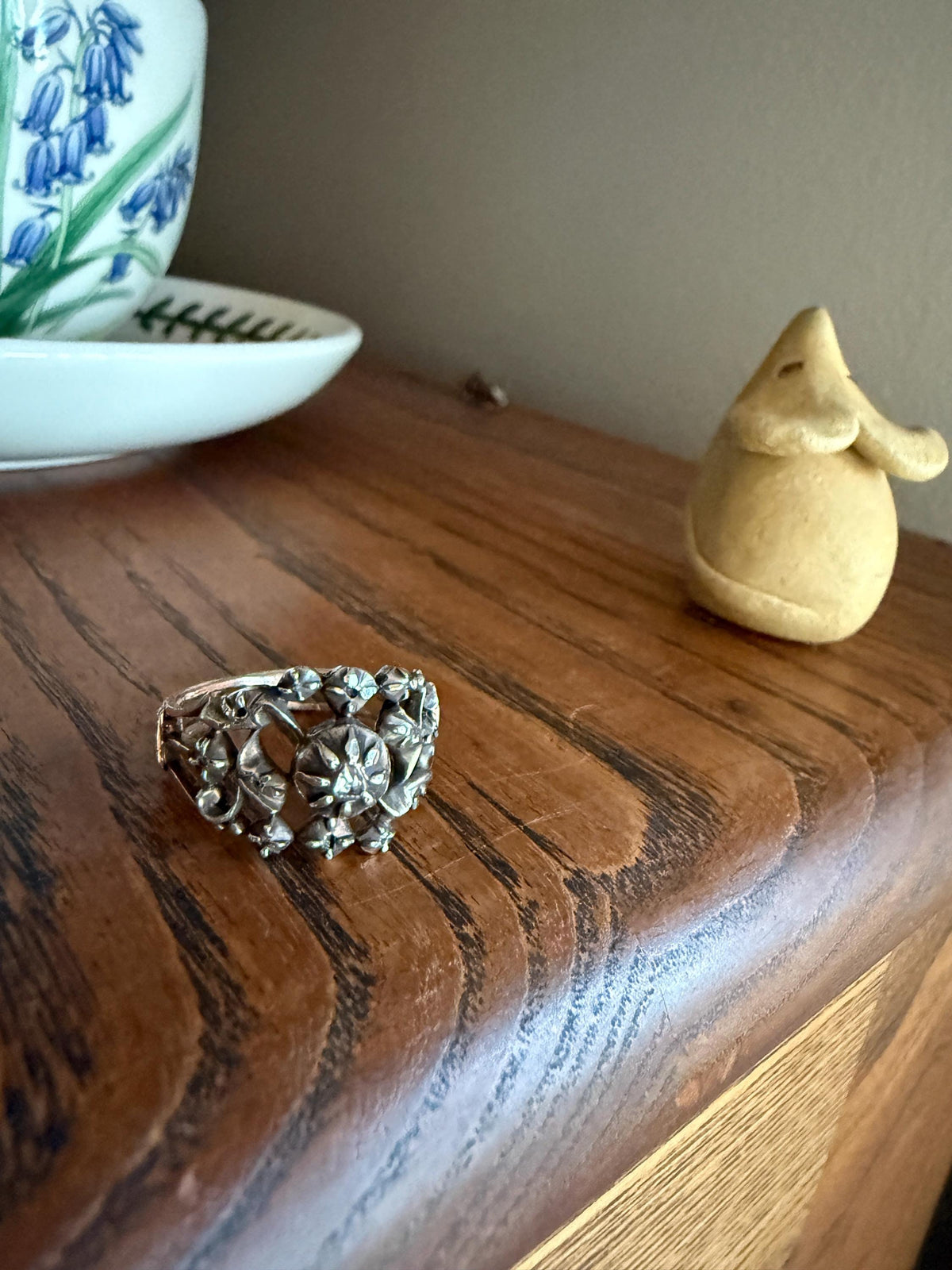 Ornate Victorian Antique Lacy Floral Vine 14k Gold Silver Rose Cut Diamond Ring Scrolled Wide Band Stacker