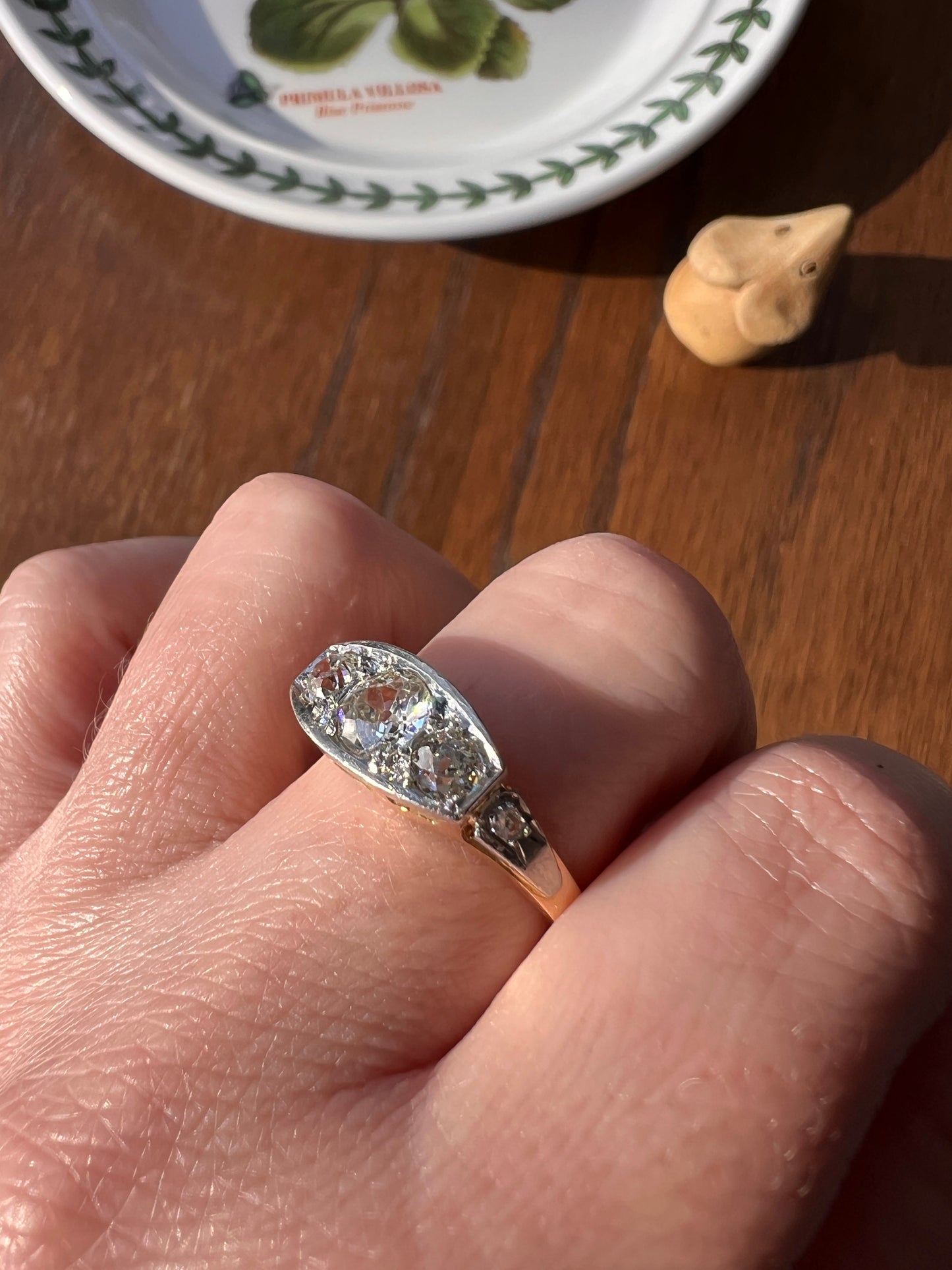 Three Stone 1.1 Carat Old Mine Cut DIAMOND Ring Rose Accents French ANTIQUE Boat 18k Gold PLATINUM Tall Stacker