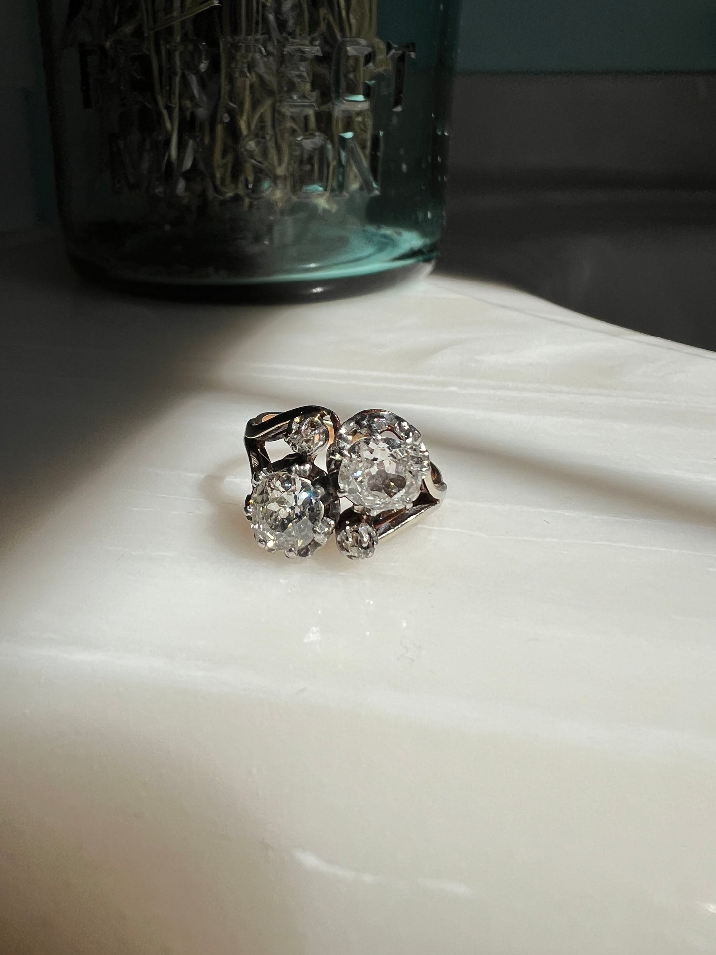 Toi et Moi 2 CARAT Old Mine Cut DIAMOND Two Stone Antique Ring 18k Gold French