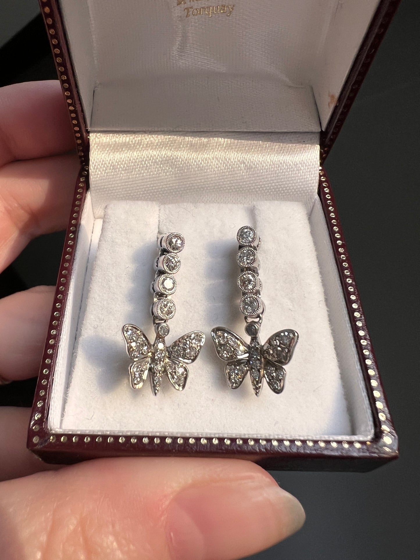 BUTTERFLIES .7 Carat Diamond Vintage Dangle Drop Earrings 14k White Gold Figural Butterfly Sparkle