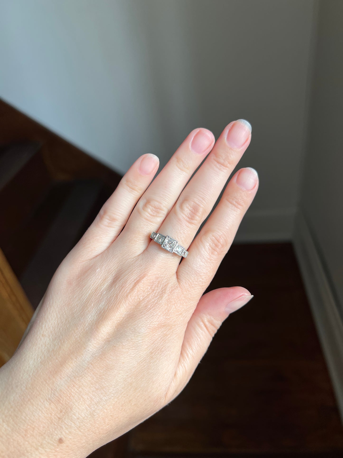 FIVE Stone .85 Carat Old Mine Cut DIAMOND Ring French ANTIQUE Stepped Squares 18k White Gold Stacker