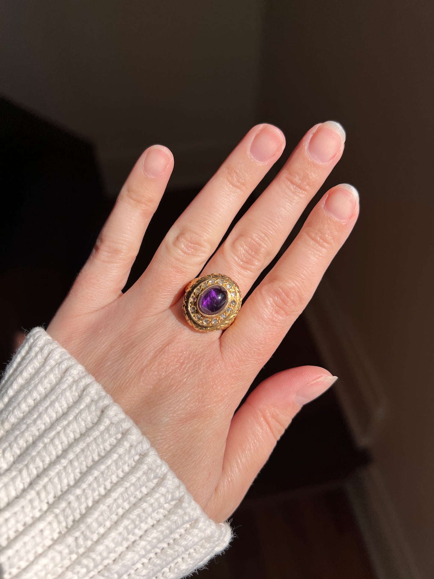 Heavy Vintage to Antique LOCKET Poison Ring Glowing Amethyst Top OPENS 18k Gold Purple Floral Rose Cut DIAMOND Halo