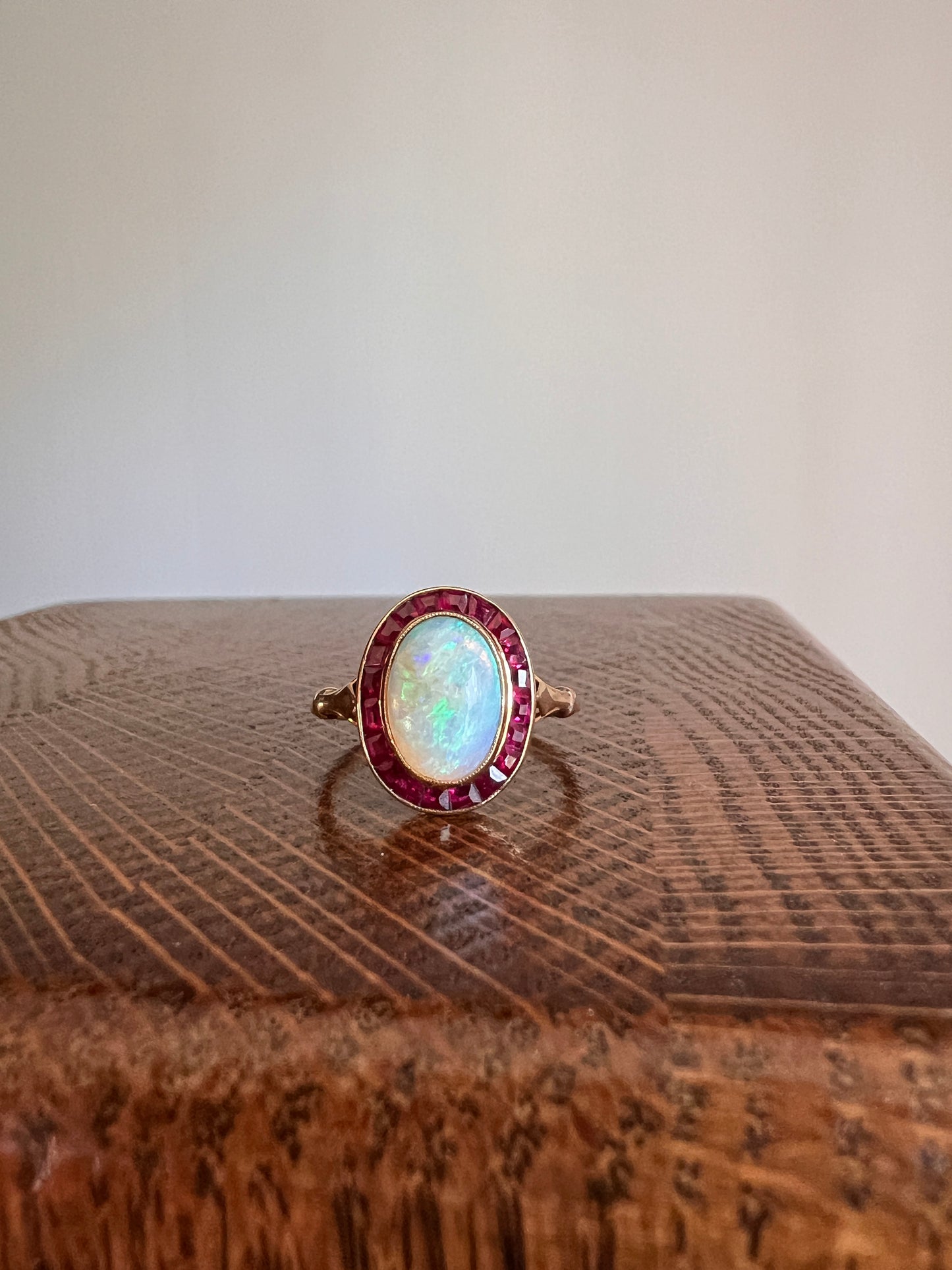 BLUE Opal Carre Cut RUBY HALO Ring French Antique 18k Gold Geometric Bullseye Target