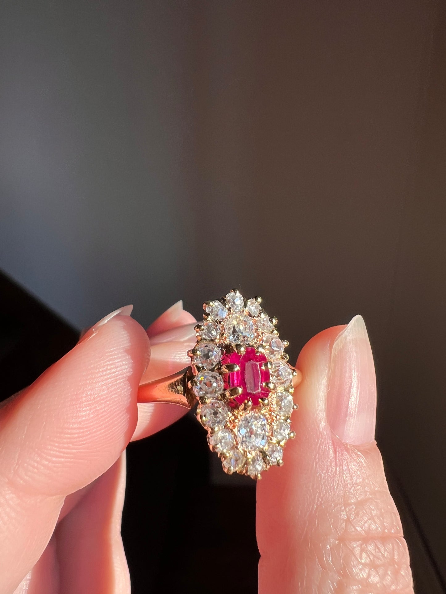 ANTIQUE 1 Carat + OVAL Old Mine Cut DIAMOND & Pink Ruby Sapphire Cluster Ring 18k Gold