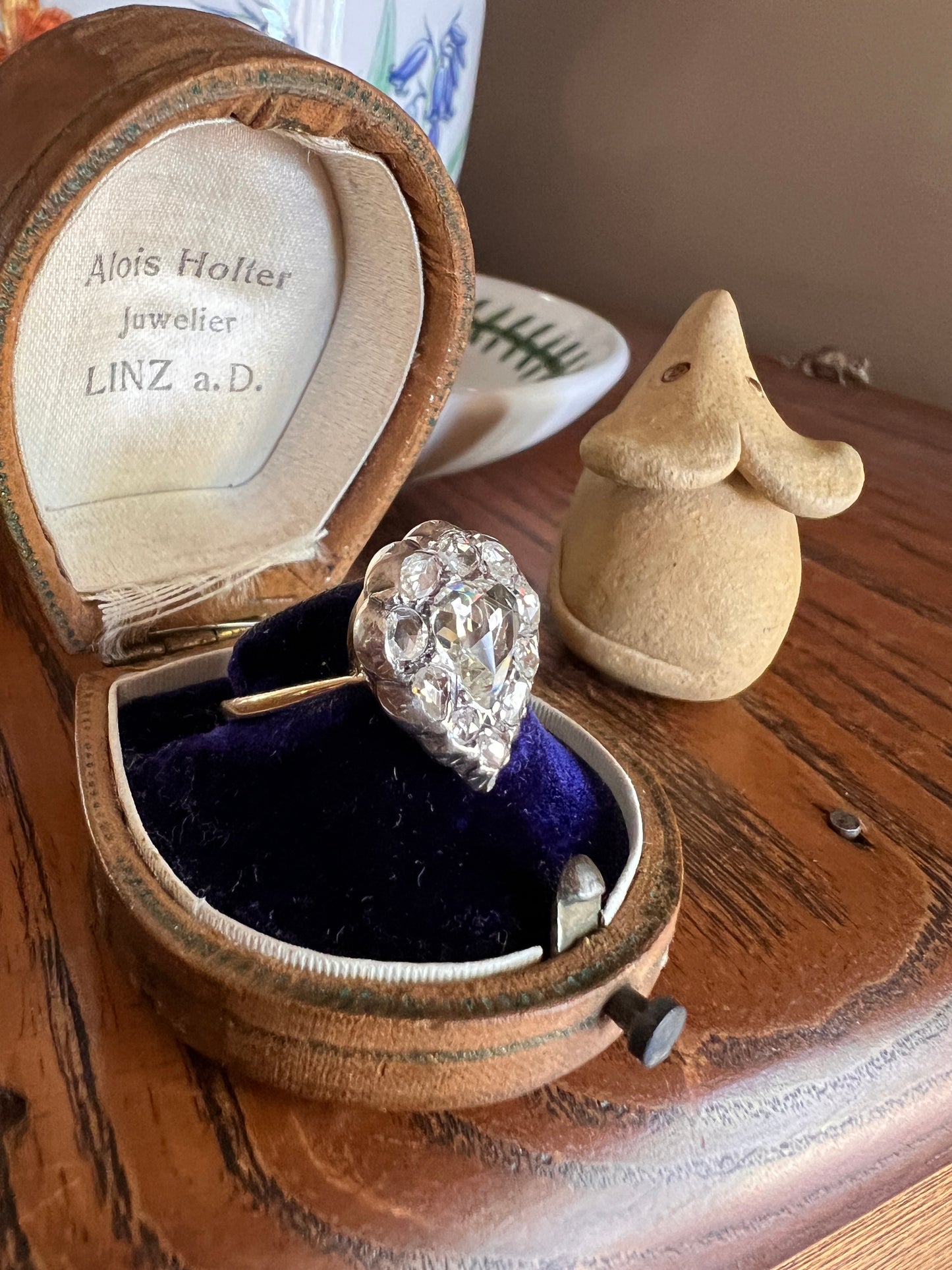 Large PEAR French Antique Georgian Victorian 1.5Ctw + Rose Cut DIAMOND Cluster Ring Halo 18k Gold Silver