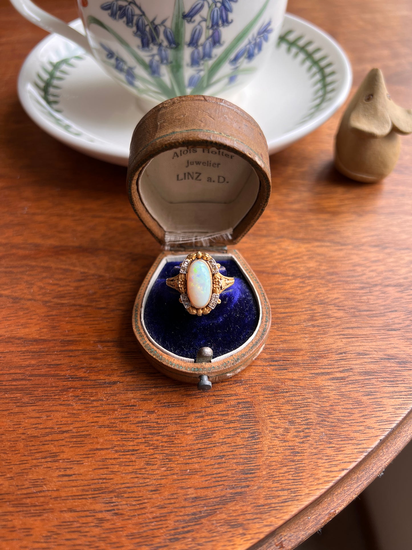Unique OPAL Art NOUVEAU Floral Garland French Antique 18k Gold Rose Cut Diamond Ring Bows Forget Me Not Halo