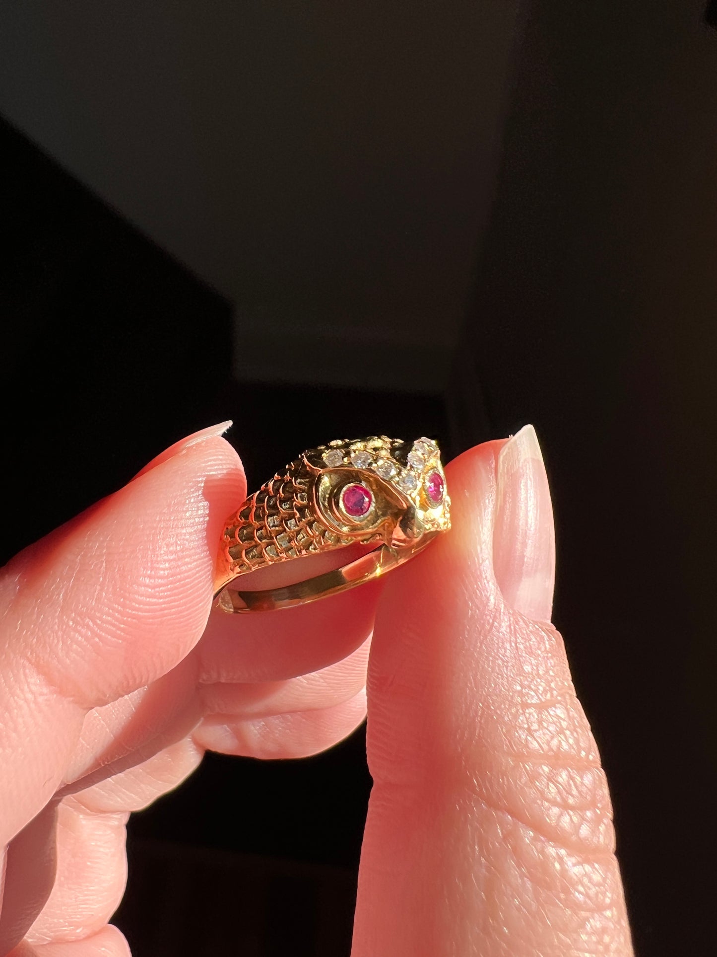 OWL French Vintage 18k Gold Perched Figural Ring Diamond and Ruby Eyes