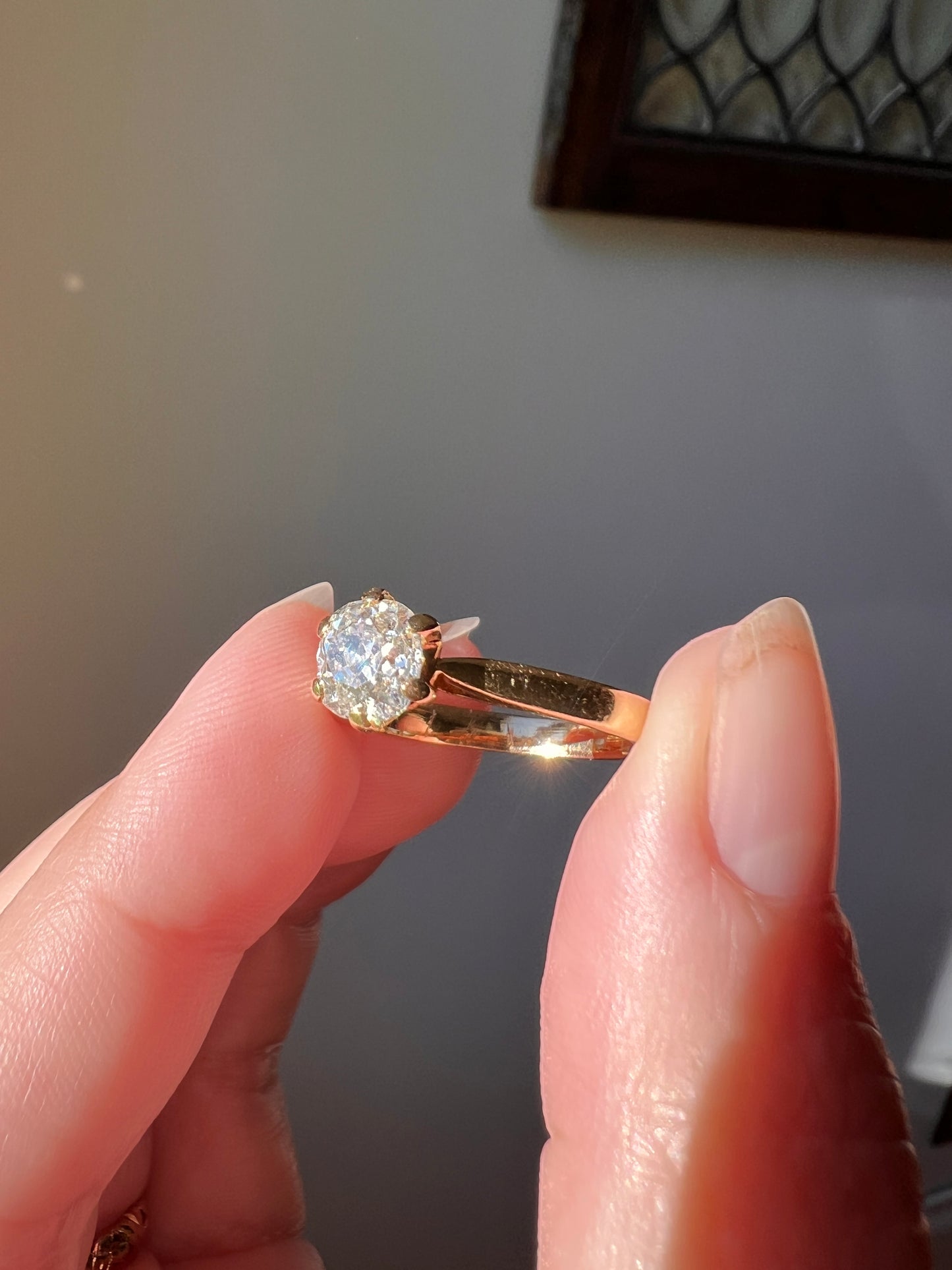 Tall Antique 0.8 Carat Old Mine Cut DIAMOND Solitaire Victorian French 18k Gold Ring Engagement Stacker