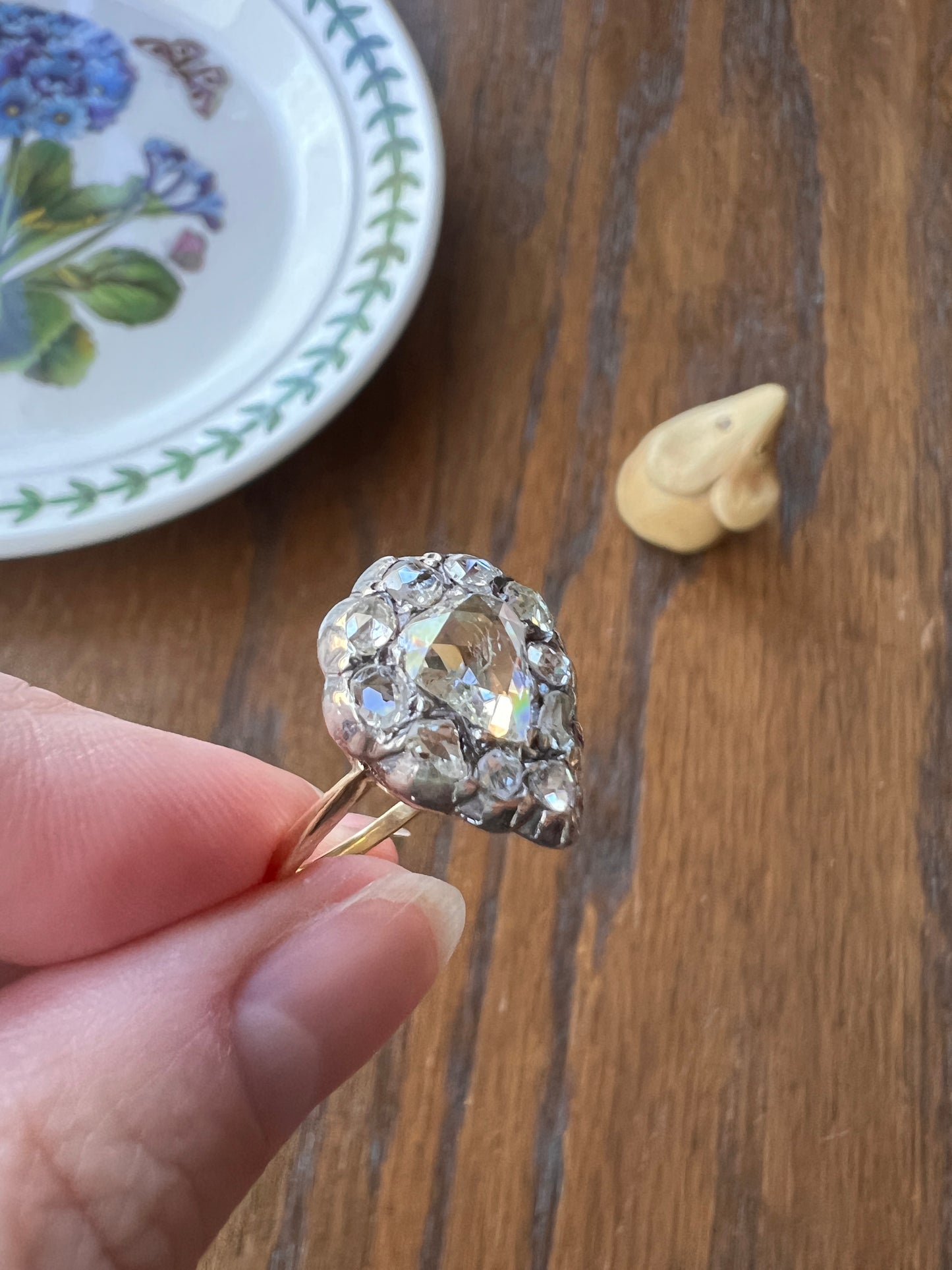 Large PEAR French Antique Georgian Victorian 1.5Ctw + Rose Cut DIAMOND Cluster Ring Halo 18k Gold Silver