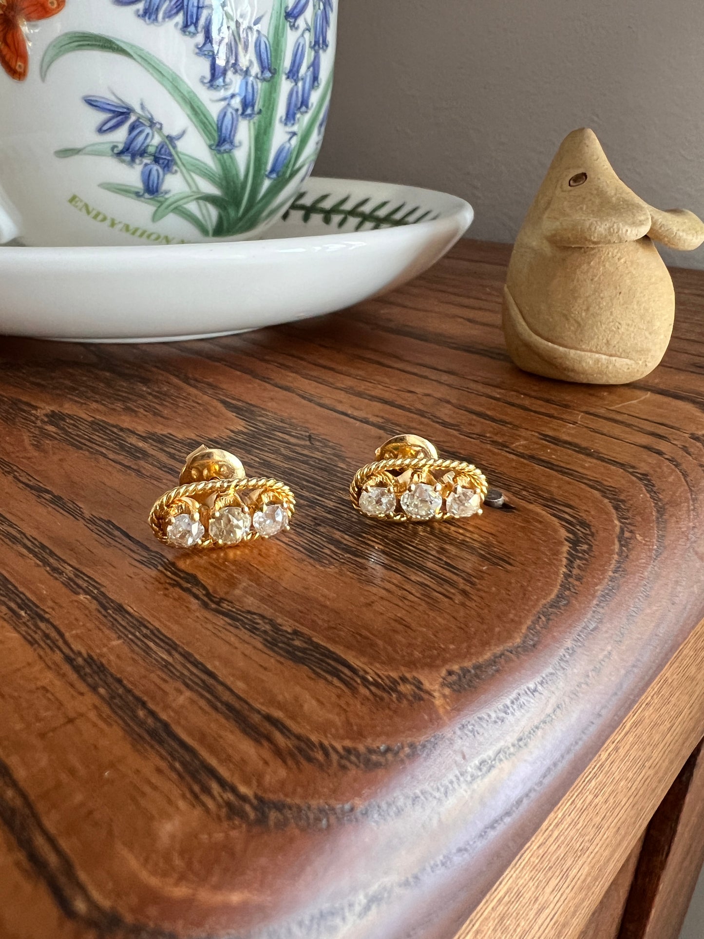 Three Stone 1.2 Carat Antique Old Mine Cut DIAMOND Stud Earrings 14k GOLD 1.2Ctw OMC