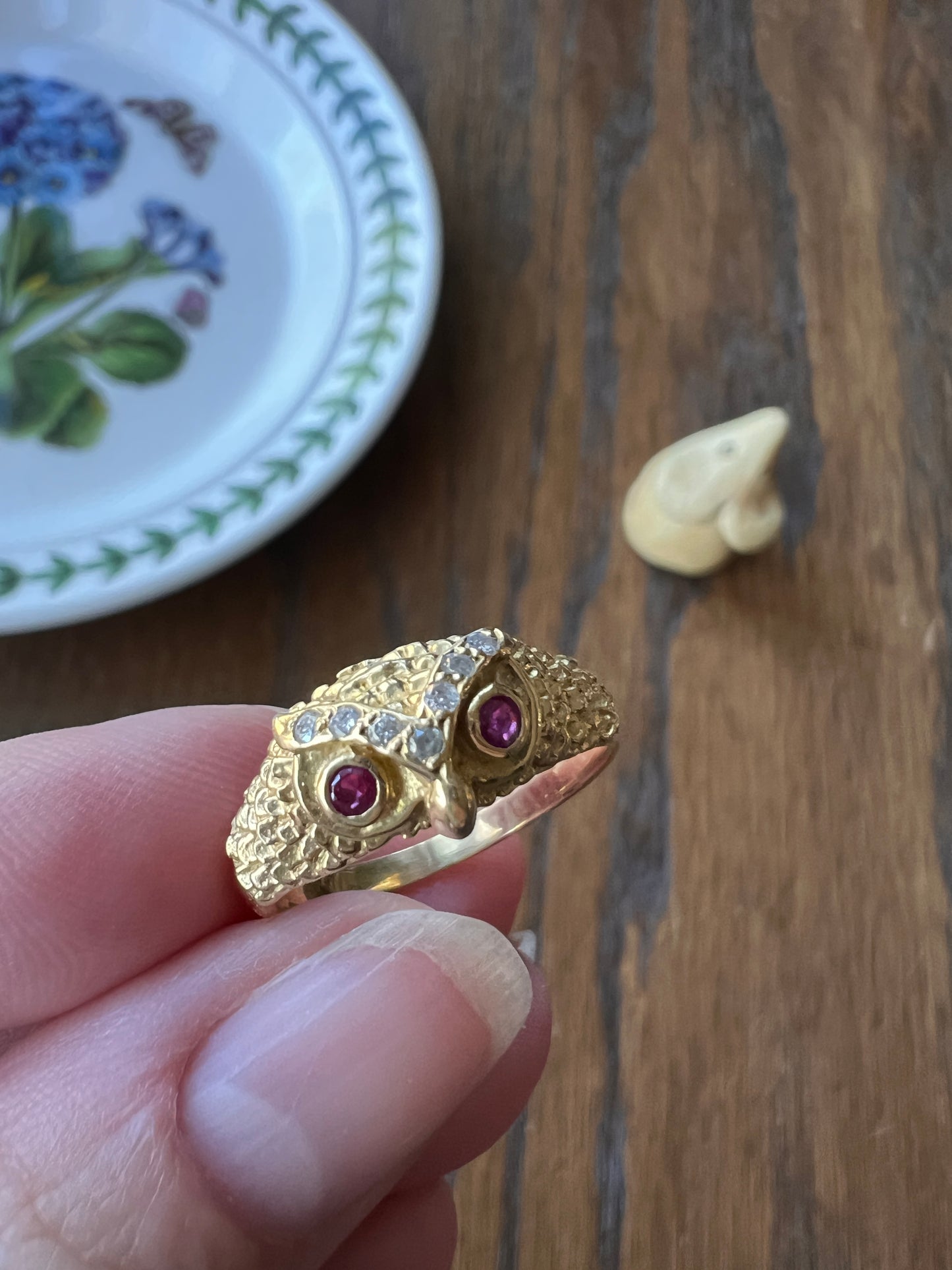 OWL French Vintage 18k Gold Perched Figural Ring Diamond and Ruby Eyes