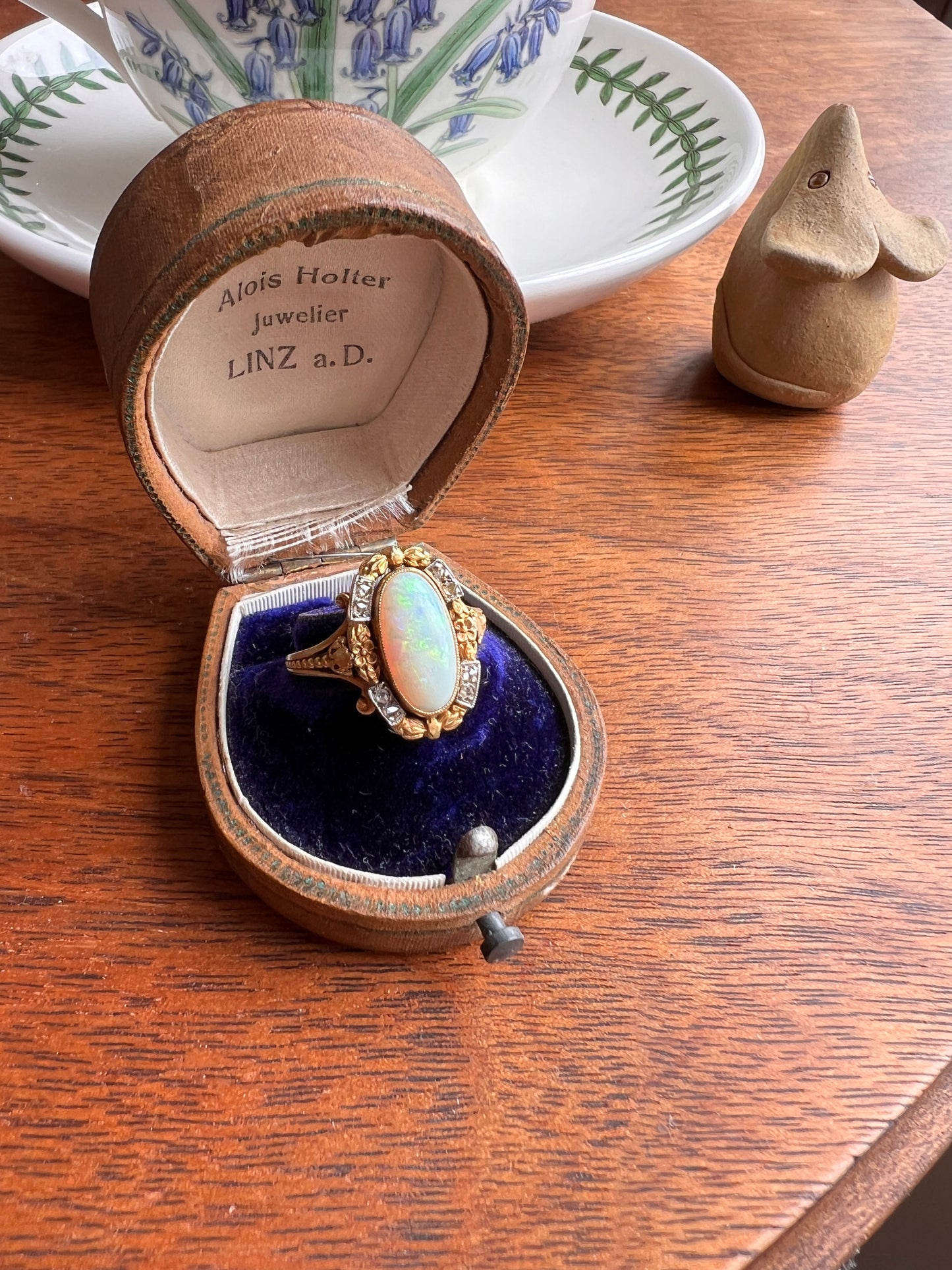 Unique OPAL Art NOUVEAU Floral Garland French Antique 18k Gold Rose Cut Diamond Ring Bows Forget Me Not Halo