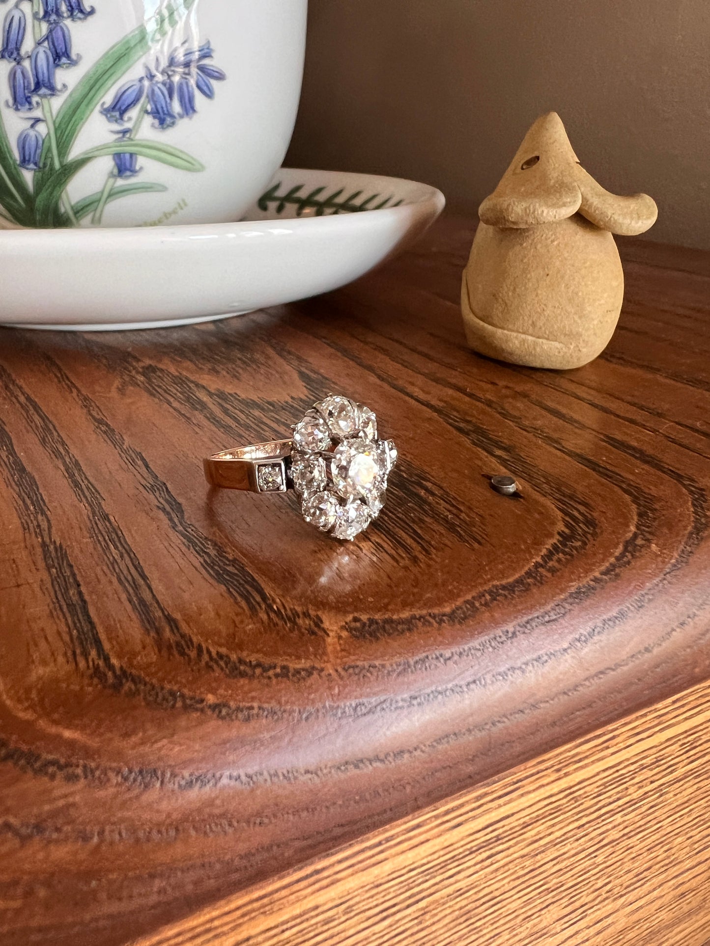 Exceptional ANTIQUE 2 Carat Old Mine Cut DIAMOND Daisy Cluster Ring 18k Rose Gold Platinum