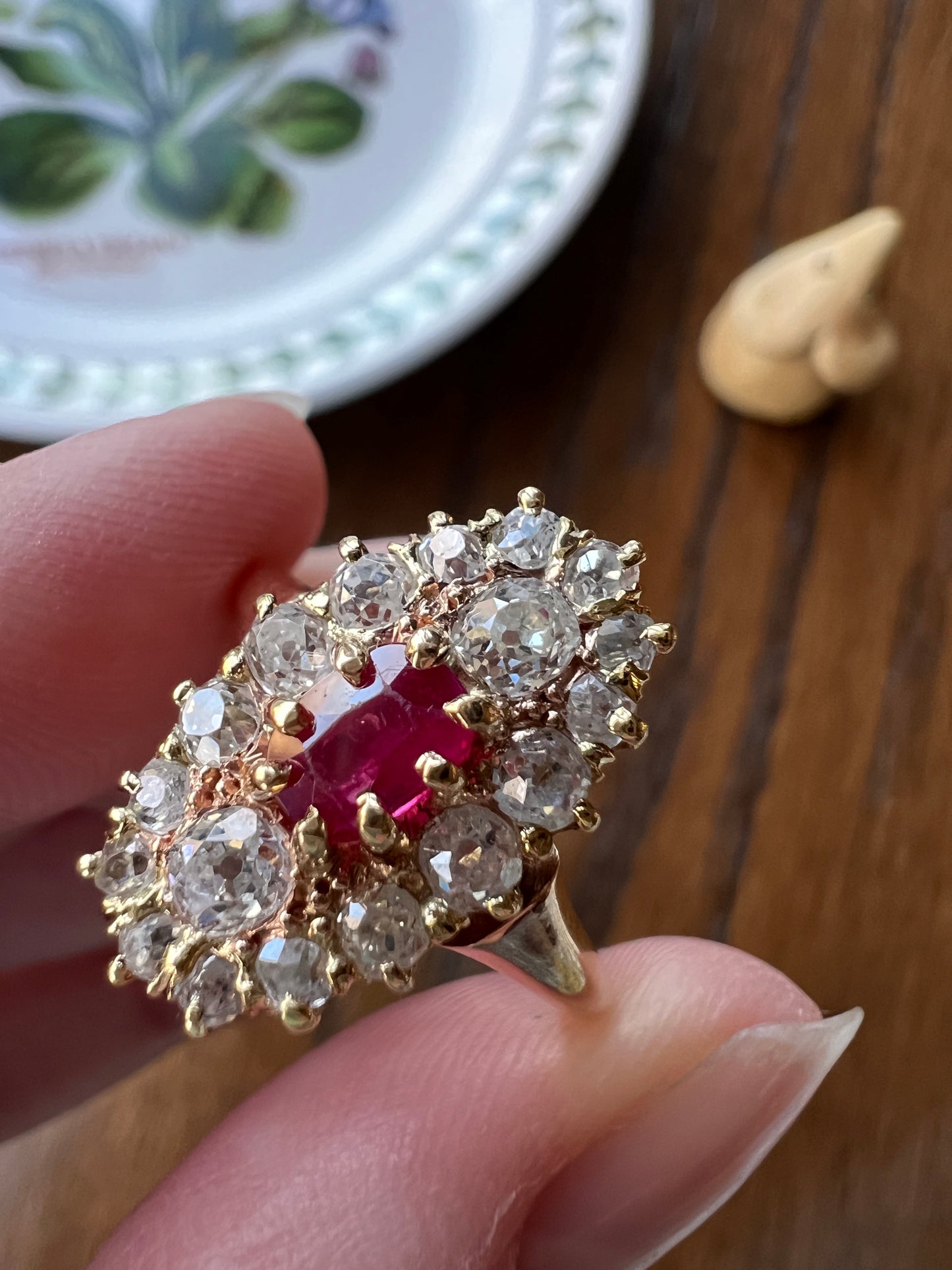 ANTIQUE 1 Carat + OVAL Old Mine Cut DIAMOND & Pink Ruby Sapphire Cluster Ring 18k Gold