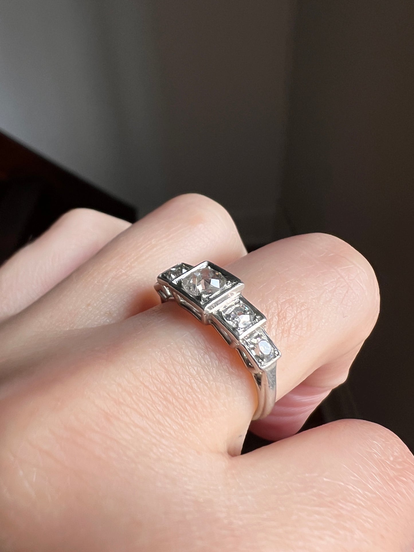 FIVE Stone .85 Carat Old Mine Cut DIAMOND Ring French ANTIQUE Stepped Squares 18k White Gold Stacker