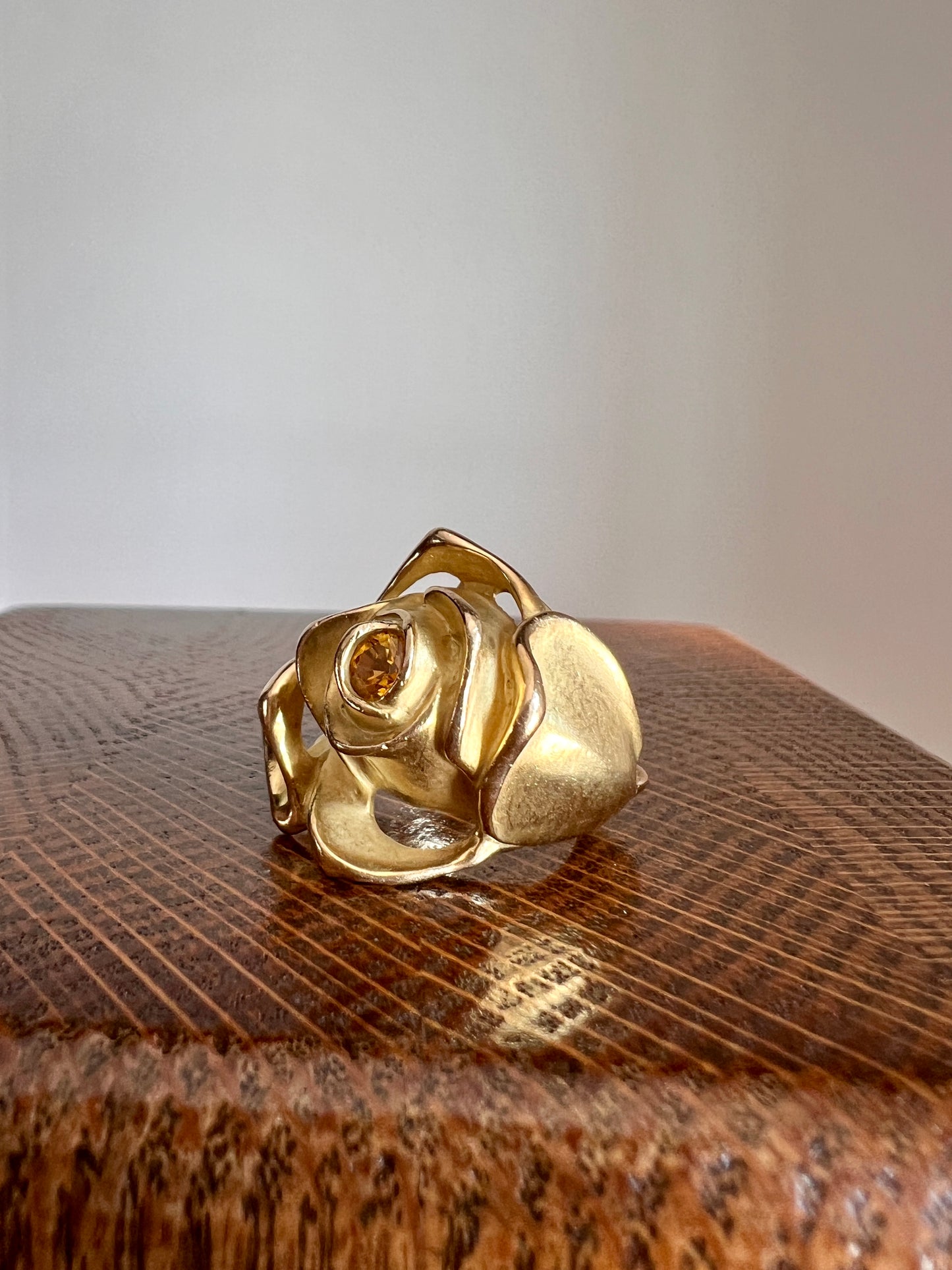 XL Figural ROSE Ring Very HEAVY 17.1g 18k Gold Solid Vintage Floral Yellow Sapphire Chunky