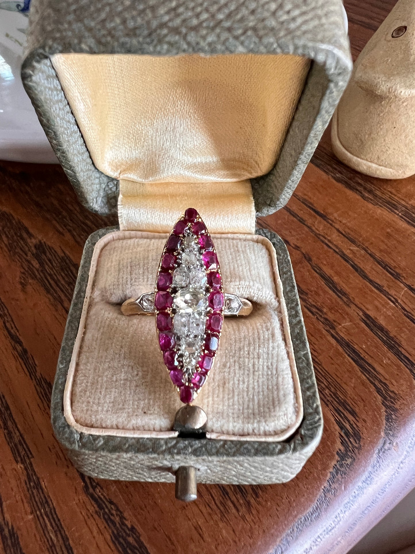 Awesome .7 Carat Oval Old Mine Cut DIAMOND Natural RUBY Pink Halo French Antique Navette Ring 18k Gold