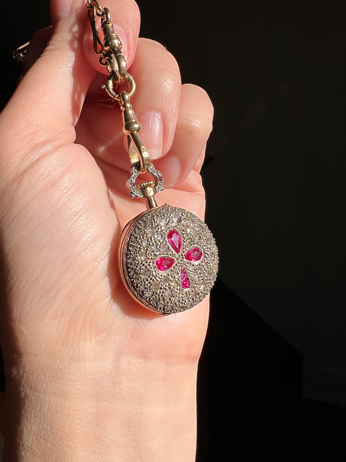 CLOVER Pink Ruby Rose Cut DIAMOND Encrusted French Antique 18k Gold Silver Pocket Watch Case Pendant