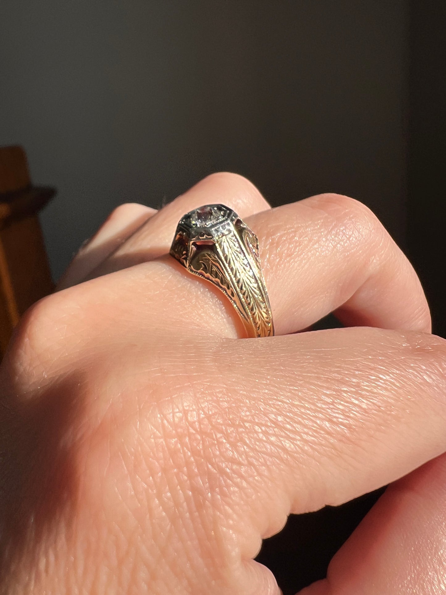 Feather DATED 1923 Engraved GYPSY Ring .37 Carat Old European Cut DIAMOND Ring Unisex