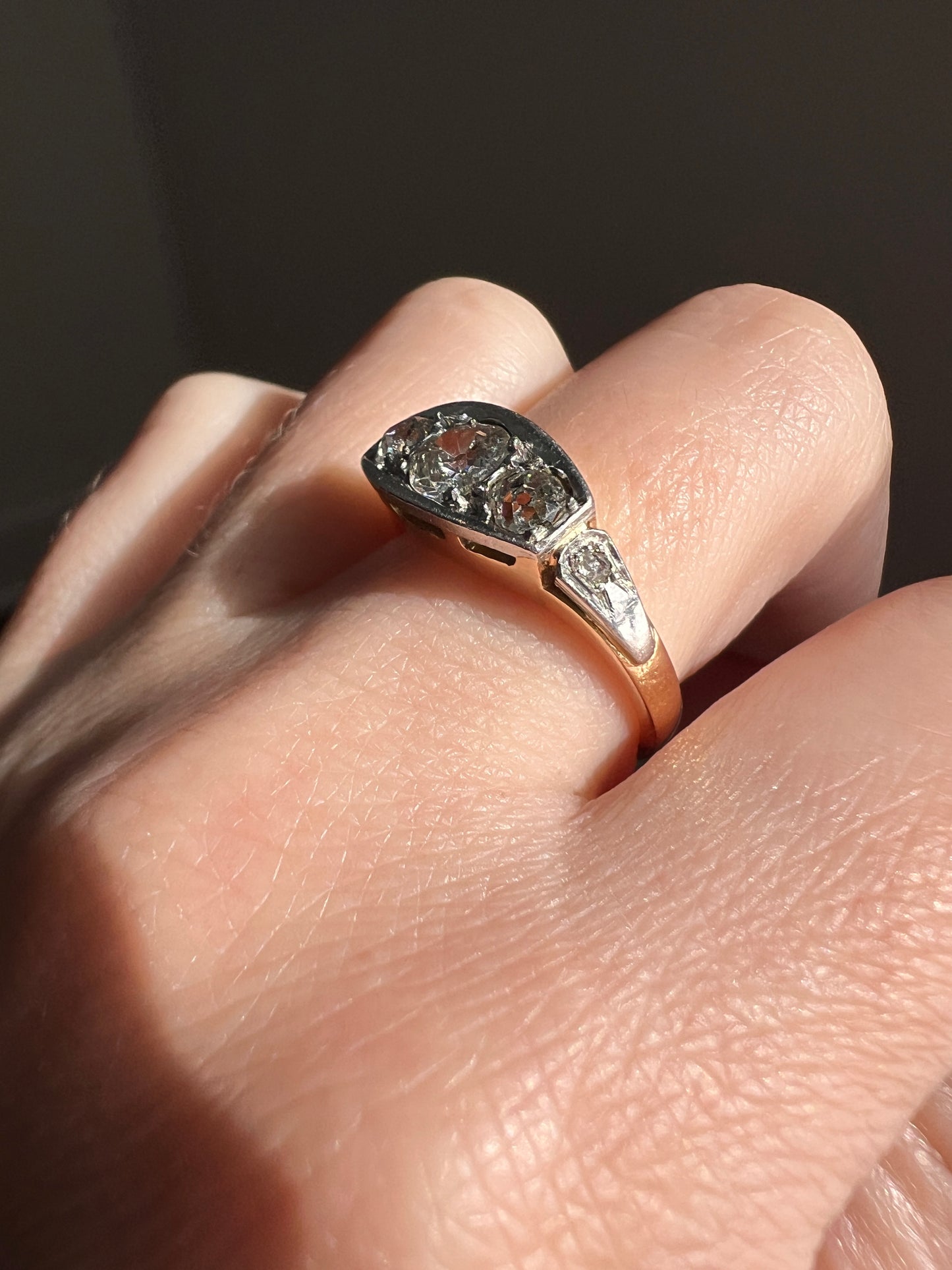 Three Stone 1.1 Carat Old Mine Cut DIAMOND Ring Rose Accents French ANTIQUE Boat 18k Gold PLATINUM Tall Stacker