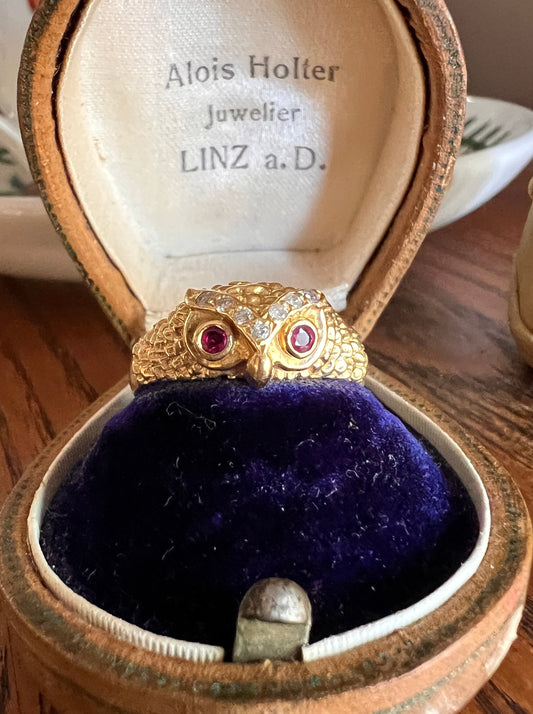 OWL French Vintage 18k Gold Perched Figural Ring Diamond and Ruby Eyes
