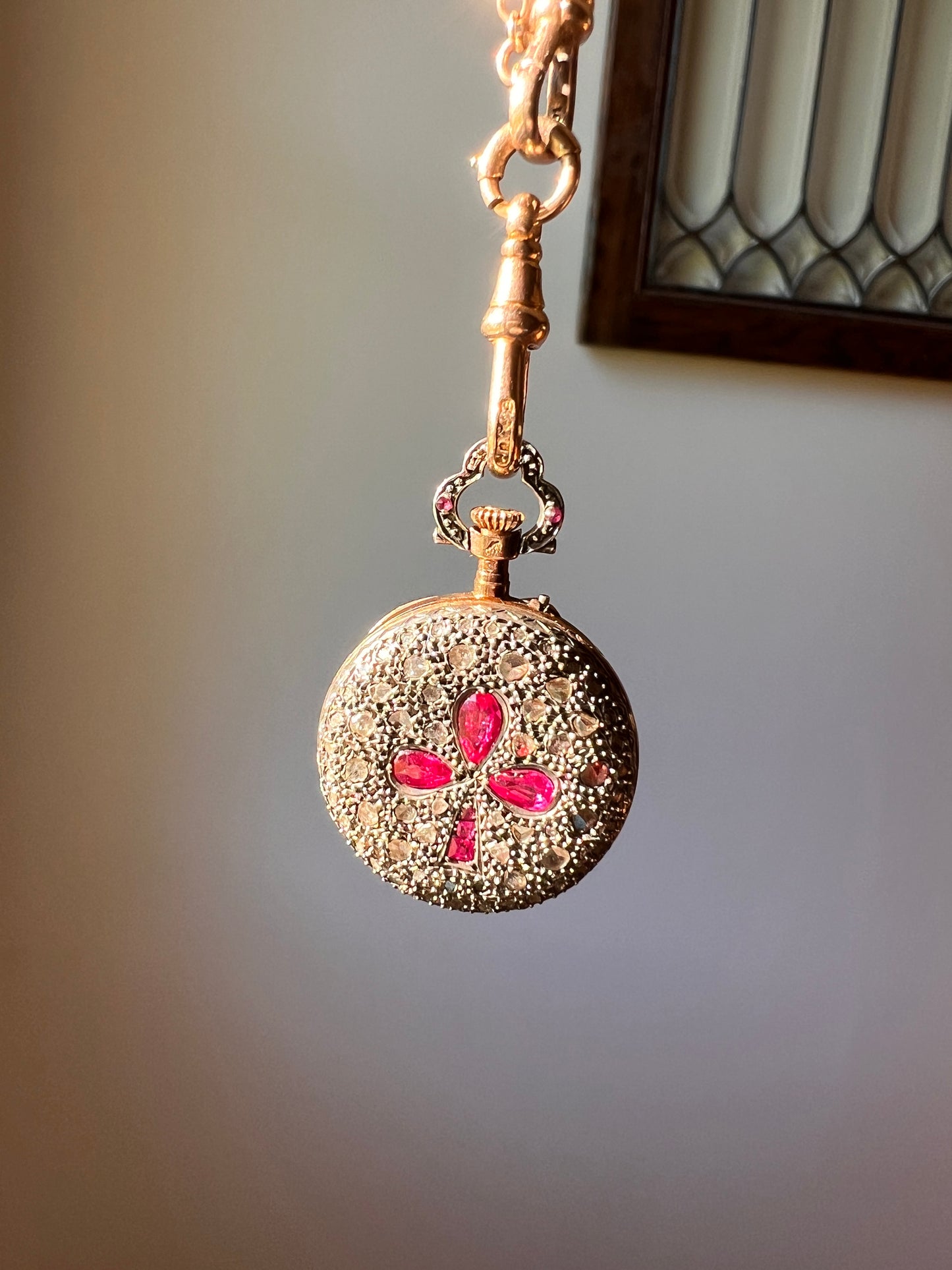CLOVER Pink Ruby Rose Cut DIAMOND Encrusted French Antique 18k Gold Silver Pocket Watch Case Pendant