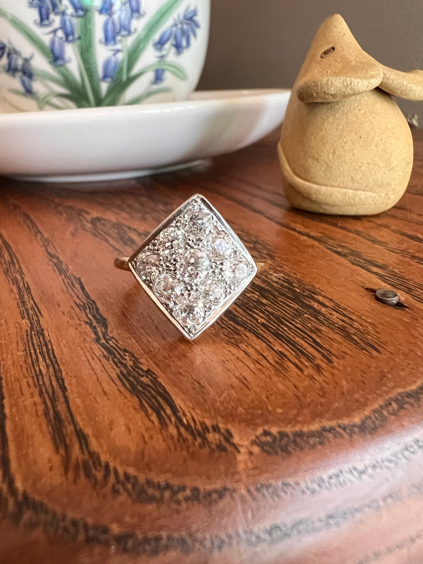 CURVED Unique 1.25 Carat Nine Old Mine Cut DIAMOND Cluster Kite Grid Ring French Antique 18k Gold