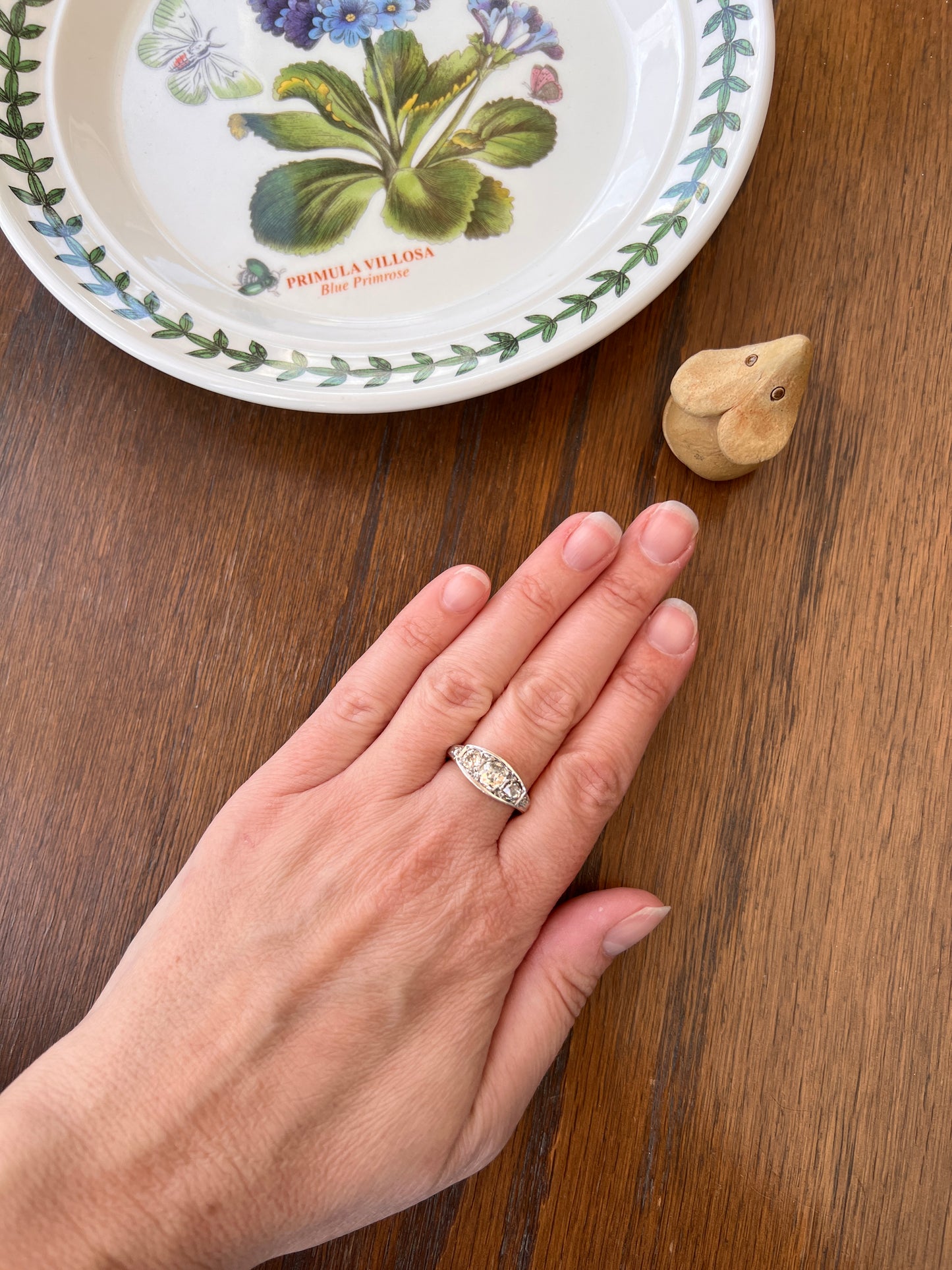 Three Stone 1.1 Carat Old Mine Cut DIAMOND Ring Rose Accents French ANTIQUE Boat 18k Gold PLATINUM Tall Stacker