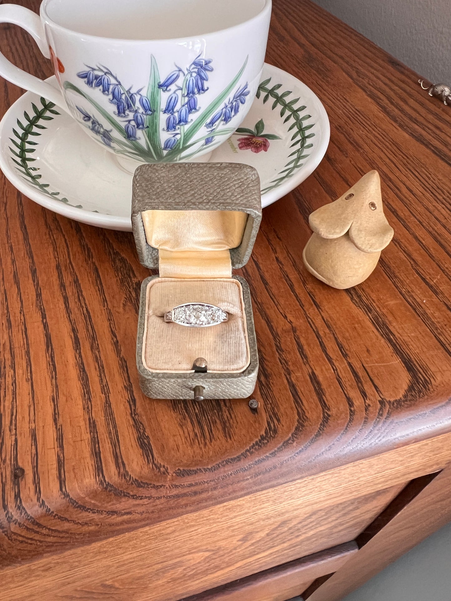 Three Stone 1.1 Carat Old Mine Cut DIAMOND Ring Rose Accents French ANTIQUE Boat 18k Gold PLATINUM Tall Stacker