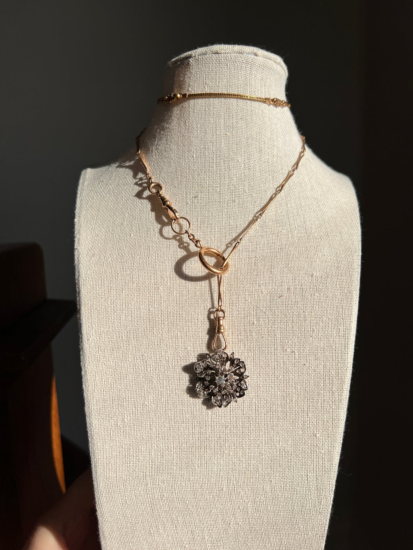 FLORAL Antique Figural 1 + Carat Rose Old Mine Cut DIAMOND Pendant with Hook HOLDER French Victorian 14k Rose Gold Silver
