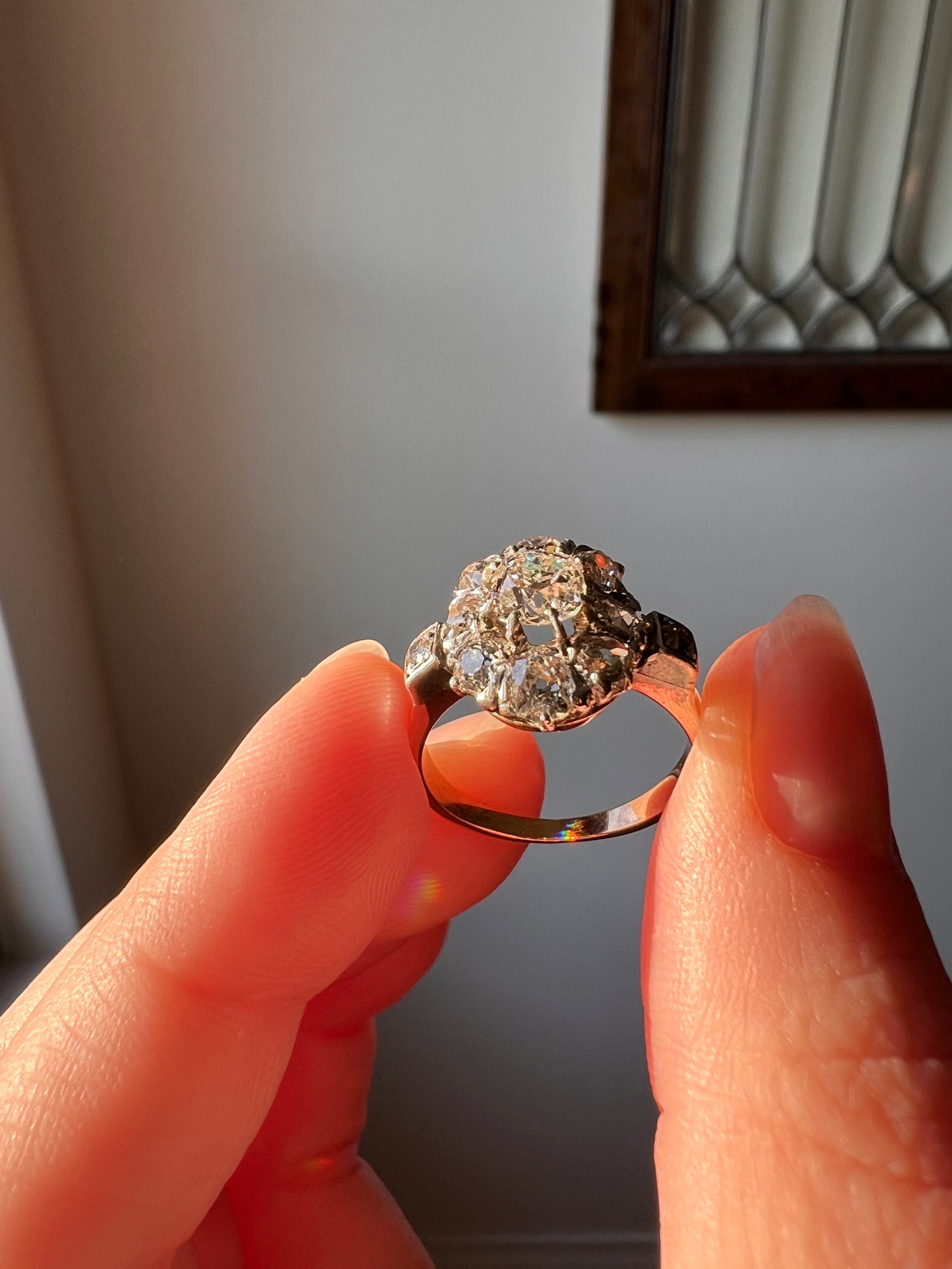 Exceptional ANTIQUE 2 Carat Old Mine Cut DIAMOND Daisy Cluster Ring 18k Rose Gold Platinum