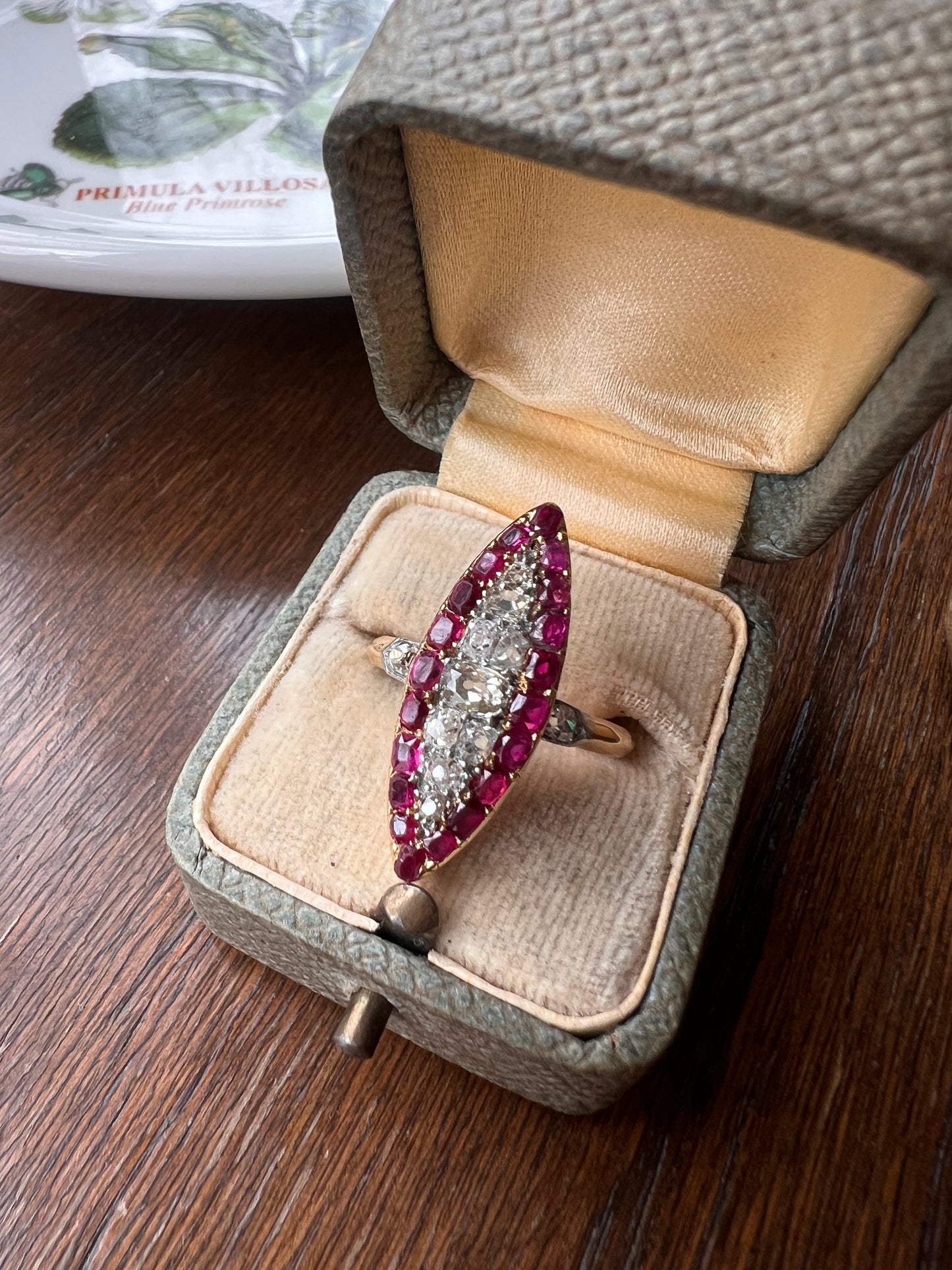 Awesome .7 Carat Oval Old Mine Cut DIAMOND Natural RUBY Pink Halo French Antique Navette Ring 18k Gold