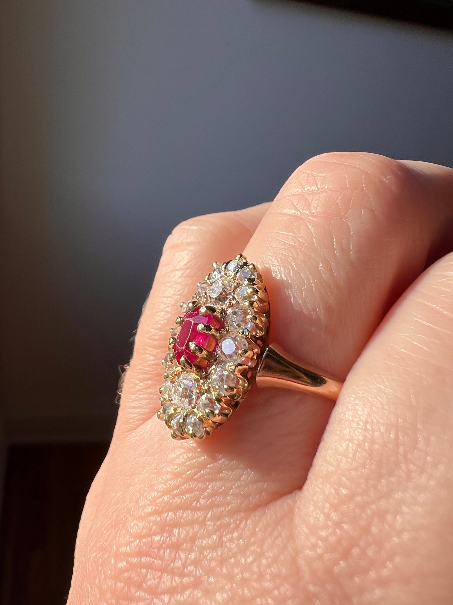 ANTIQUE 1 Carat + OVAL Old Mine Cut DIAMOND & Pink Ruby Sapphire Cluster Ring 18k Gold