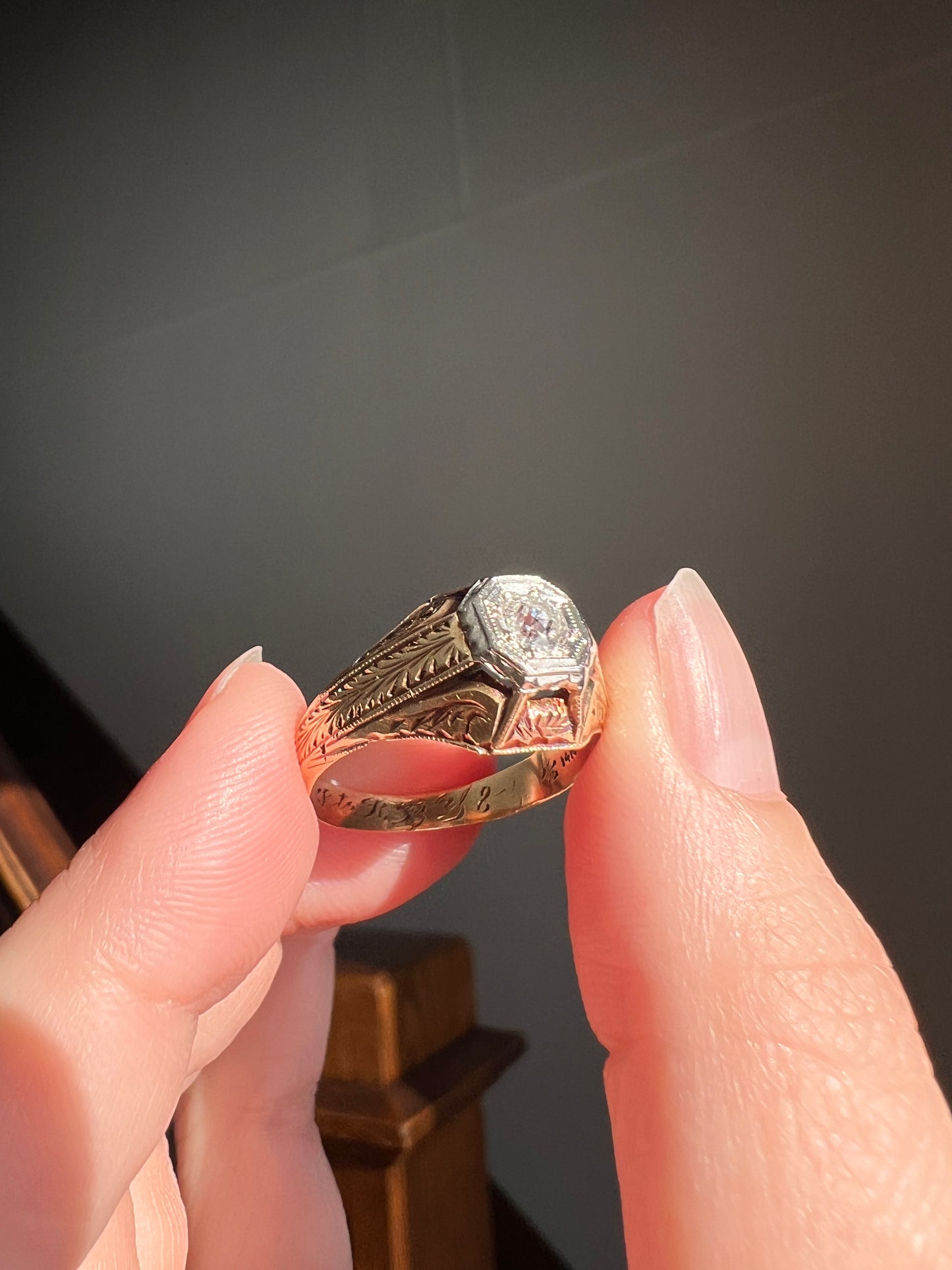 Feather DATED 1923 Engraved GYPSY Ring .37 Carat Old European Cut DIAMOND Ring Unisex