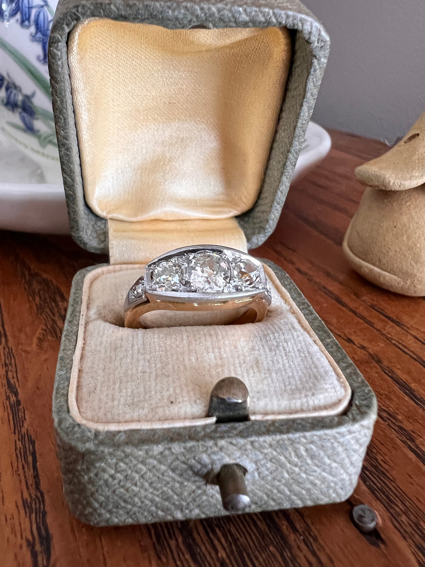 Three Stone 1.1 Carat Old Mine Cut DIAMOND Ring Rose Accents French ANTIQUE Boat 18k Gold PLATINUM Tall Stacker