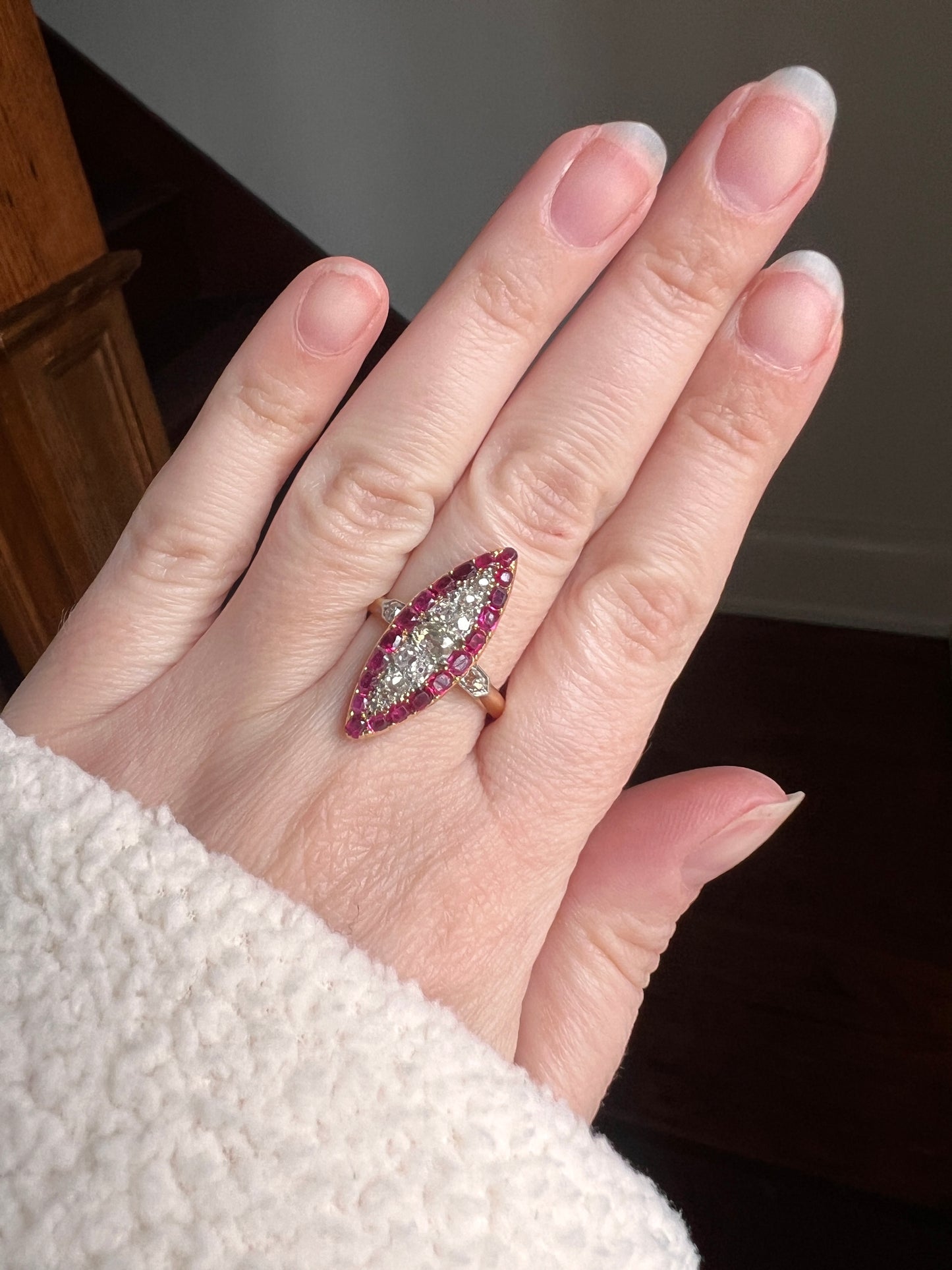 Awesome .7 Carat Oval Old Mine Cut DIAMOND Natural RUBY Pink Halo French Antique Navette Ring 18k Gold