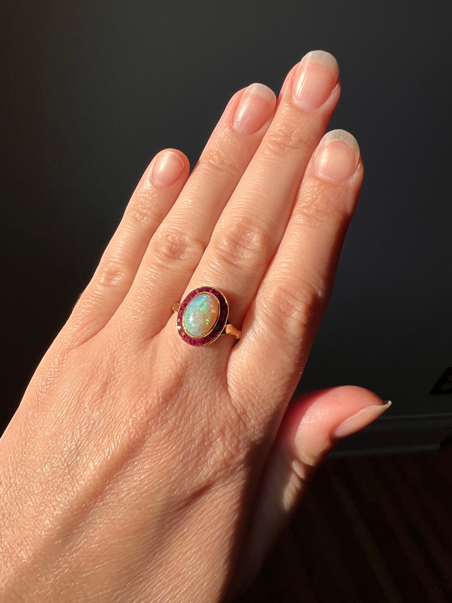 BLUE Opal Carre Cut RUBY HALO Ring French Antique 18k Gold Geometric Bullseye Target