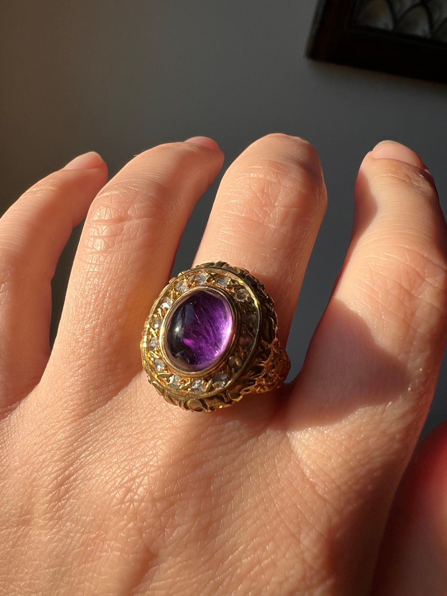 Heavy Vintage to Antique LOCKET Poison Ring Glowing Amethyst Top OPENS 18k Gold Purple Floral Rose Cut DIAMOND Halo