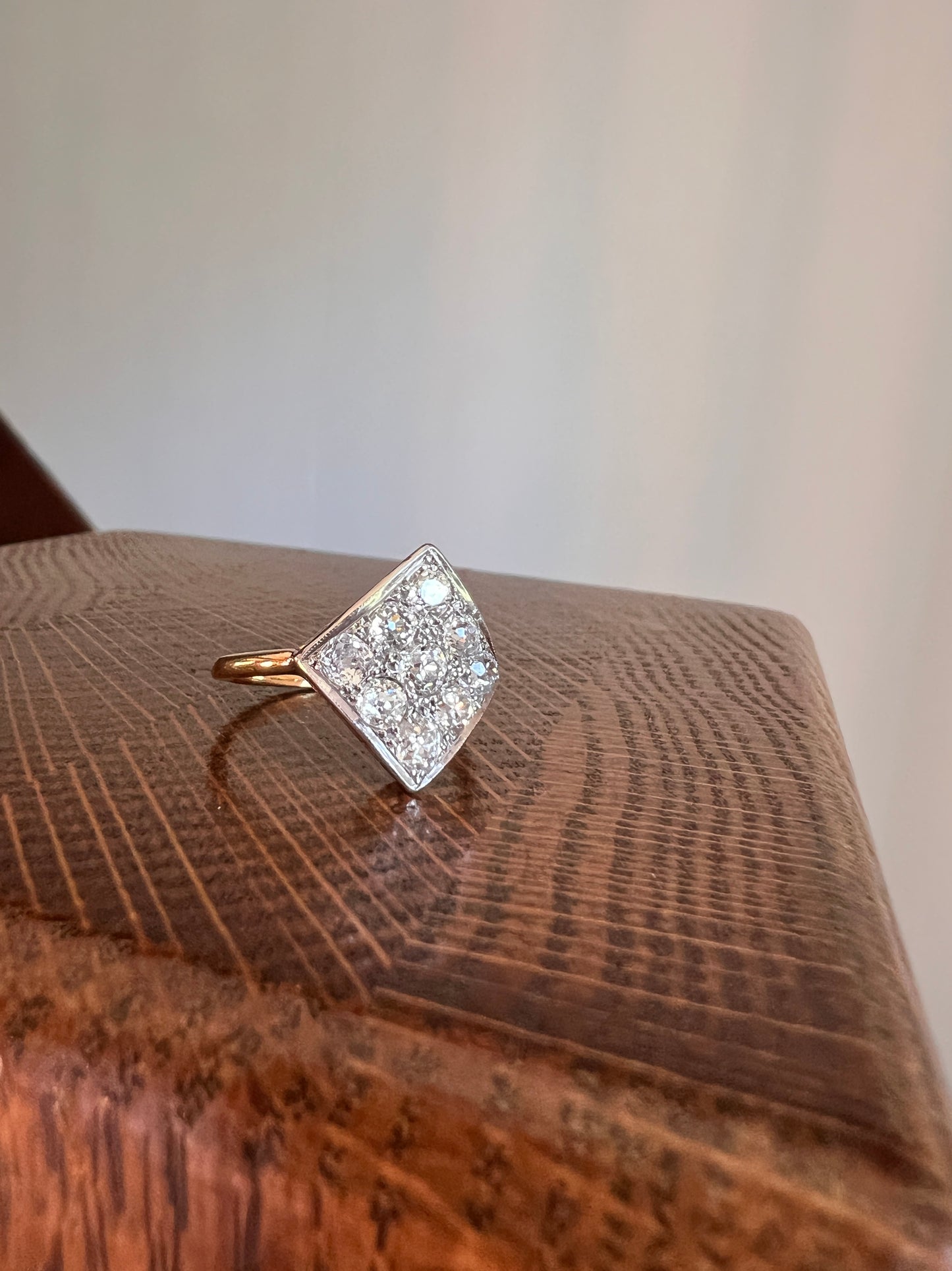 CURVED Unique 1.25 Carat Nine Old Mine Cut DIAMOND Cluster Kite Grid Ring French Antique 18k Gold