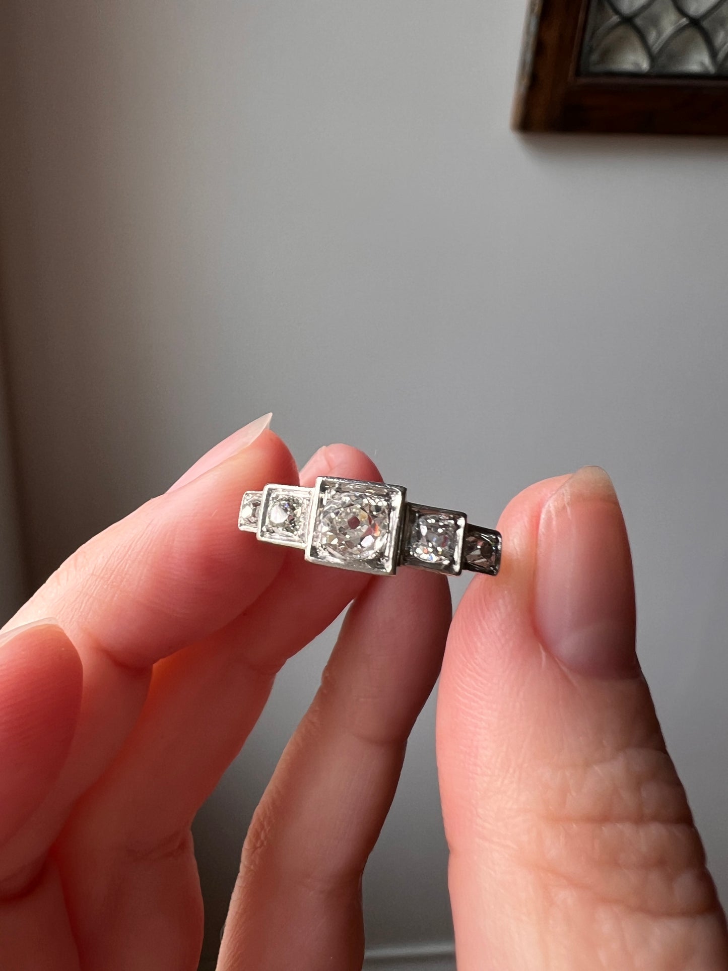 FIVE Stone .85 Carat Old Mine Cut DIAMOND Ring French ANTIQUE Stepped Squares 18k White Gold Stacker