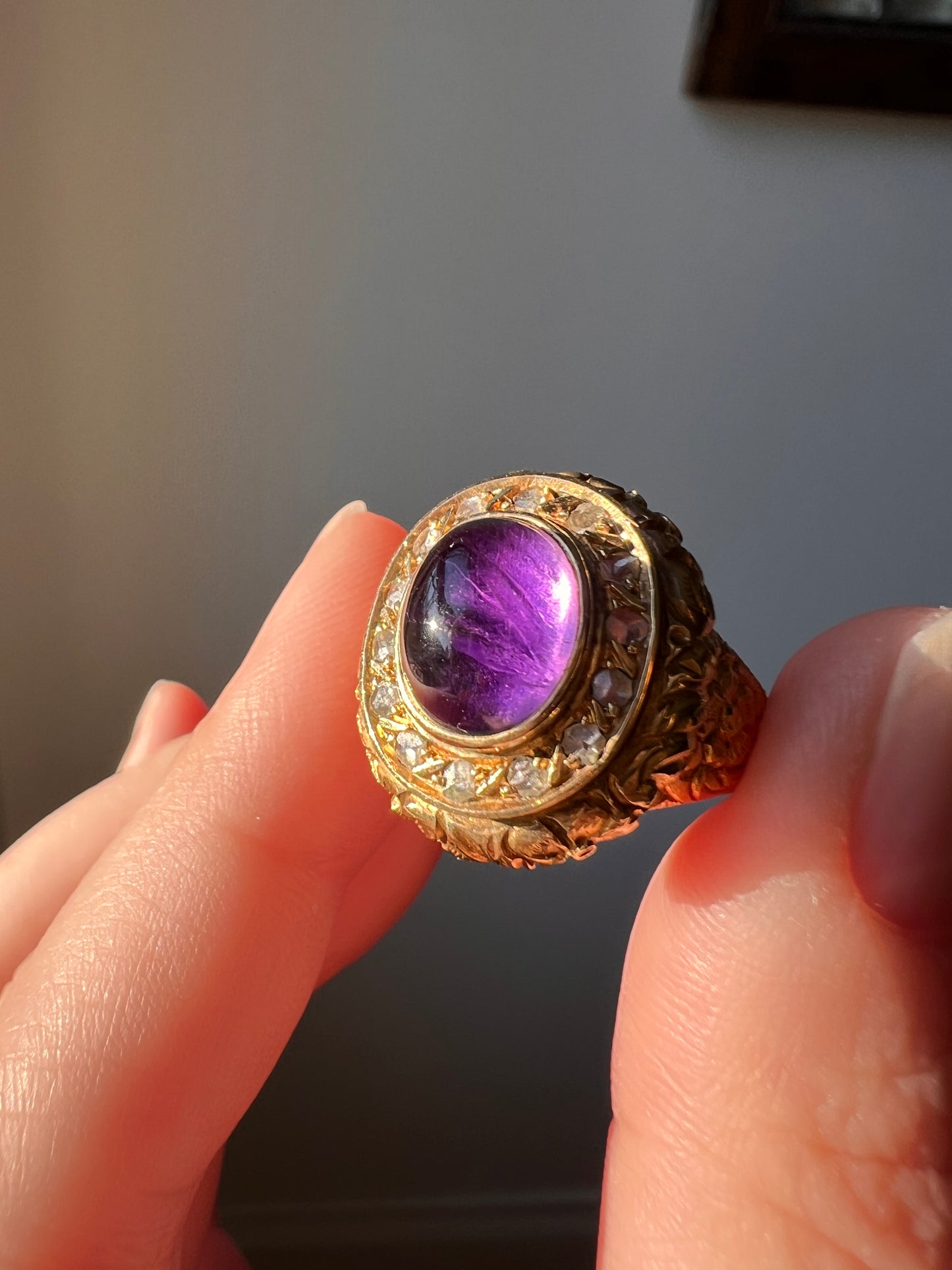 Heavy Vintage to Antique LOCKET Poison Ring Glowing Amethyst Top OPENS 18k Gold Purple Floral Rose Cut DIAMOND Halo