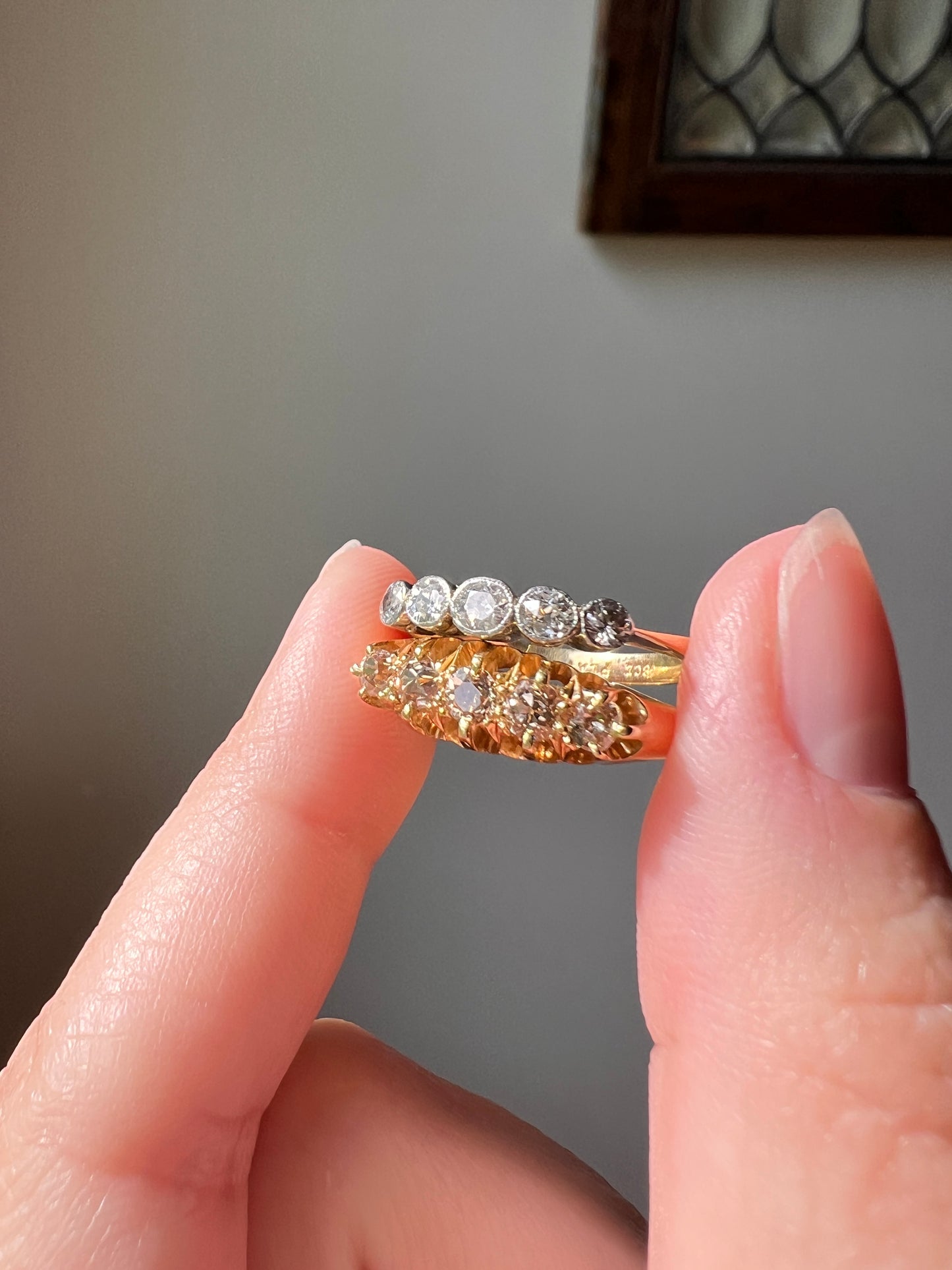 CHAMPAGNE Old Mine Cut Diamond ANTiQUE Band Ring .5ctw Five Stone Buttercup 18k GOLD Victorian Stacker