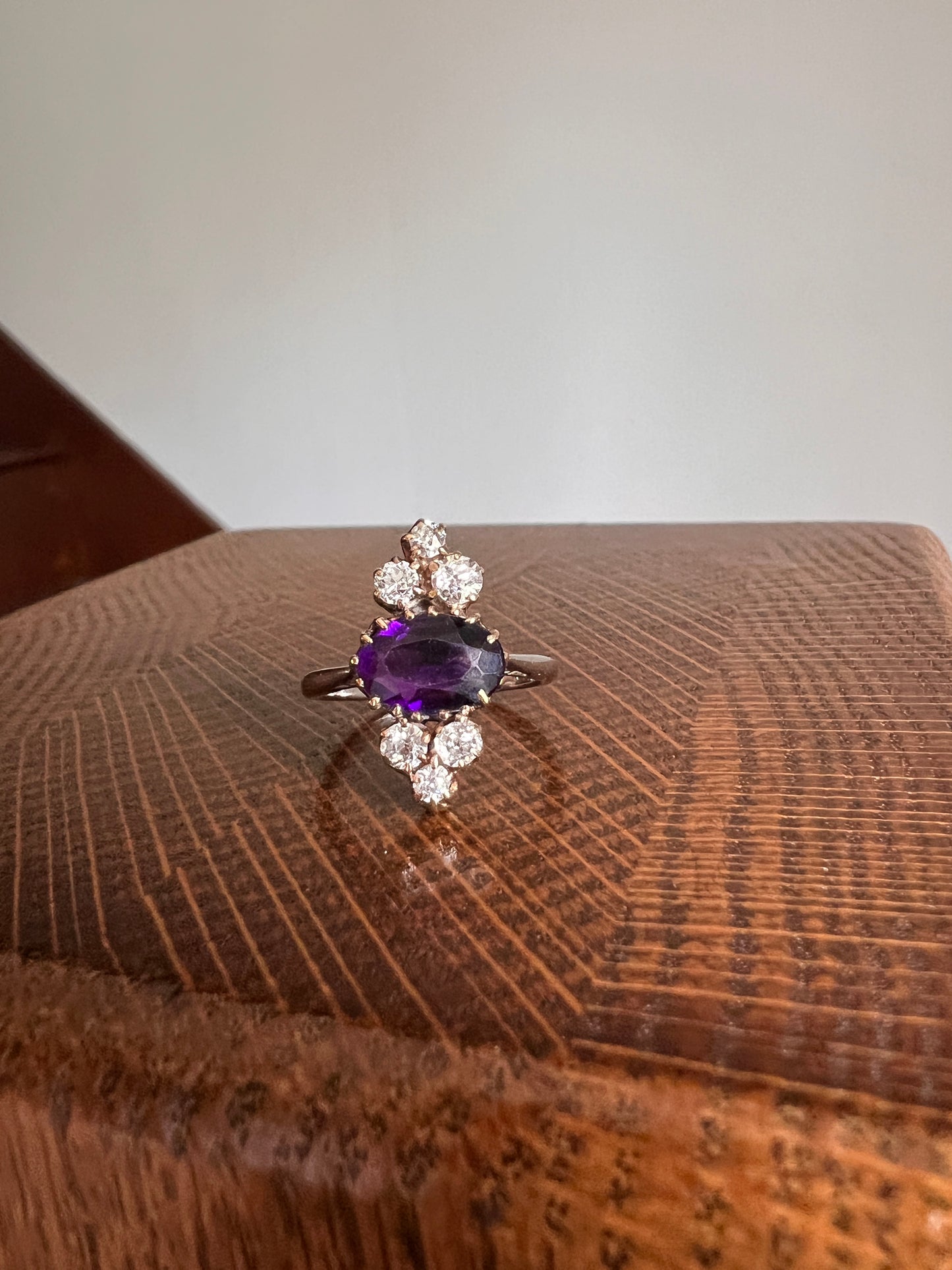 AMETHYST .5 Carat Old Mine Cut DIAMOND Seven Stone Tiara Ring 18k Yellow & White Gold Crowned Purple Oval