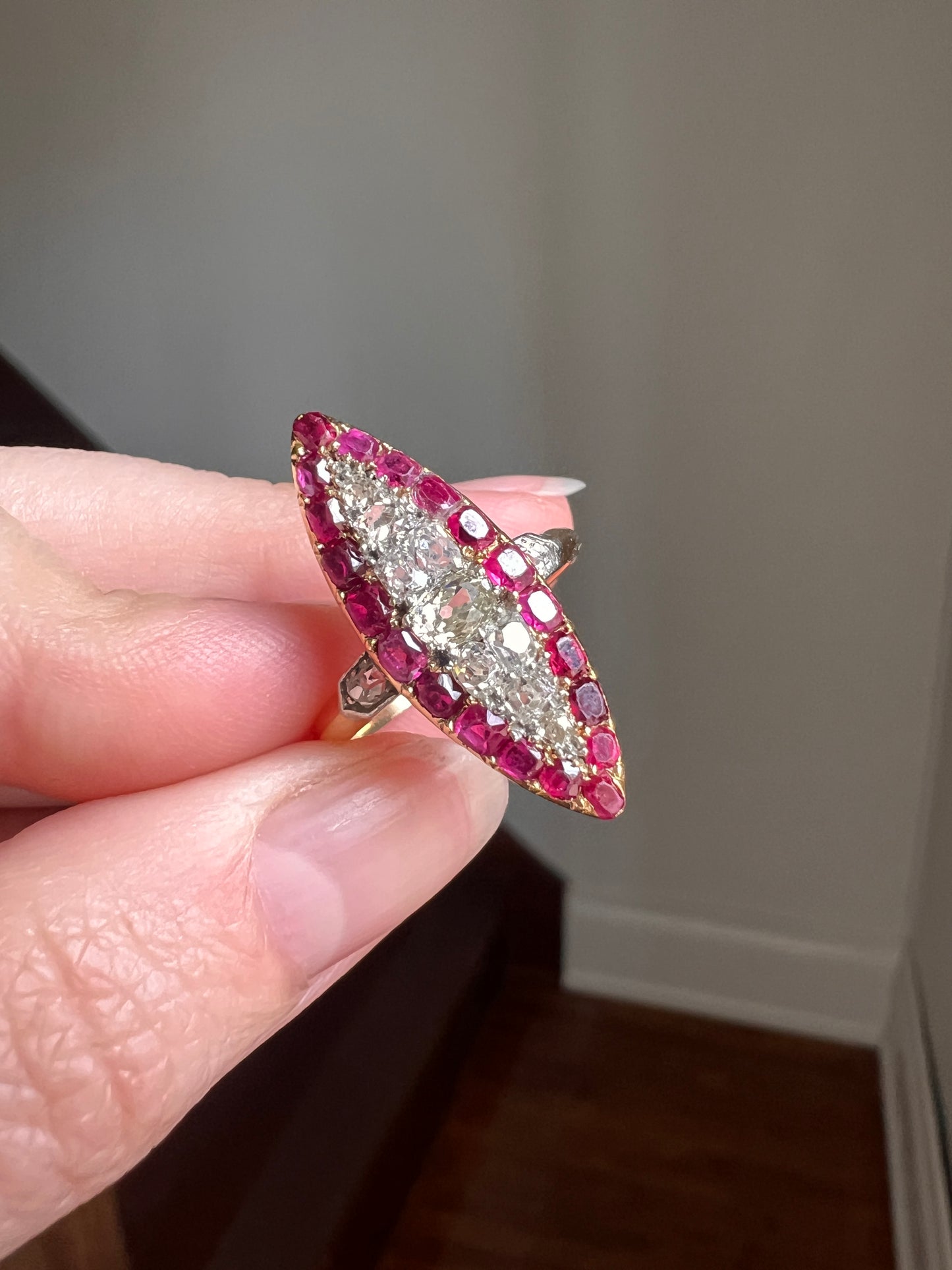 Awesome .7 Carat Oval Old Mine Cut DIAMOND Natural RUBY Pink Halo French Antique Navette Ring 18k Gold