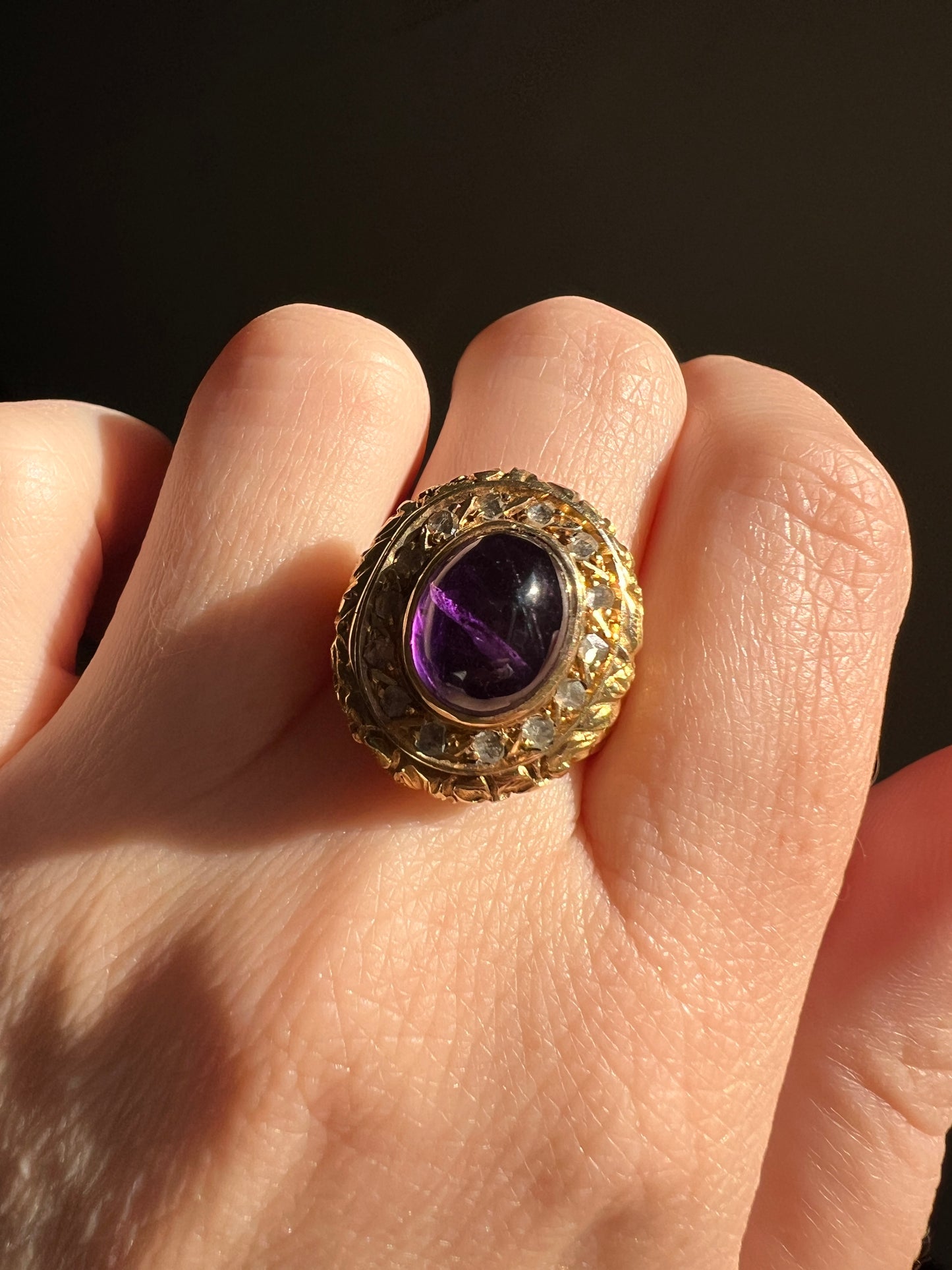 Heavy Vintage to Antique LOCKET Poison Ring Glowing Amethyst Top OPENS 18k Gold Purple Floral Rose Cut DIAMOND Halo