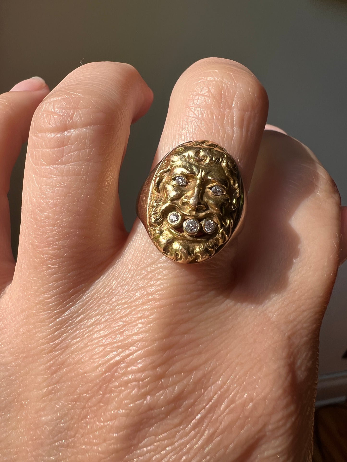 Unique FACE Figural Ring 14k Gold Diamonds
