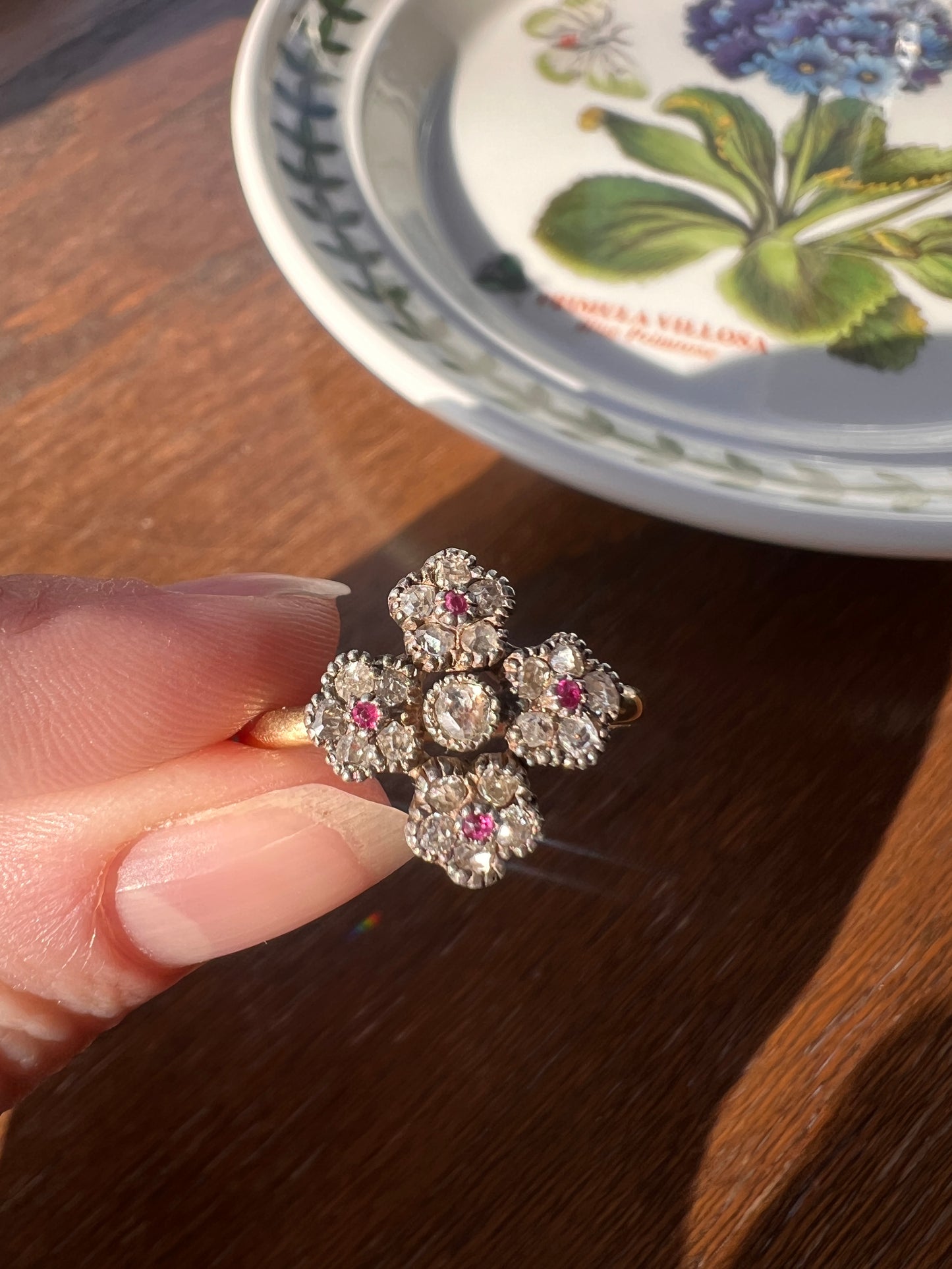 Cruciform FLORAL Rose Old Mine Cut DIAMOND Encrusted Ring Ruby Center French Georgian Victorian Antique 18k Gold