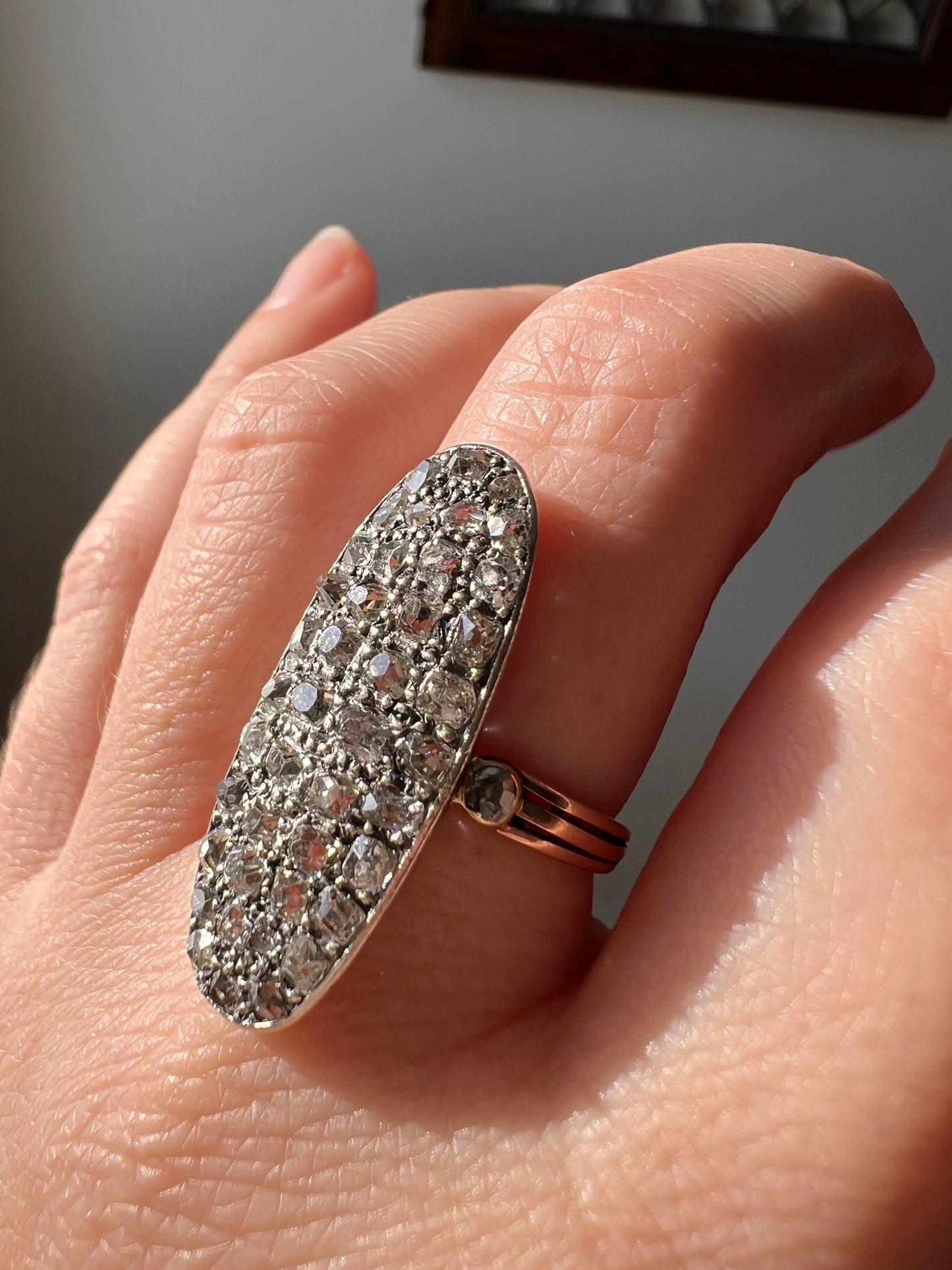 Large Oval French ANTIQUE 1.6 Carat 44 TALL Old Mine Cut DIAMOND Pave Cluster Ring 14k Gold