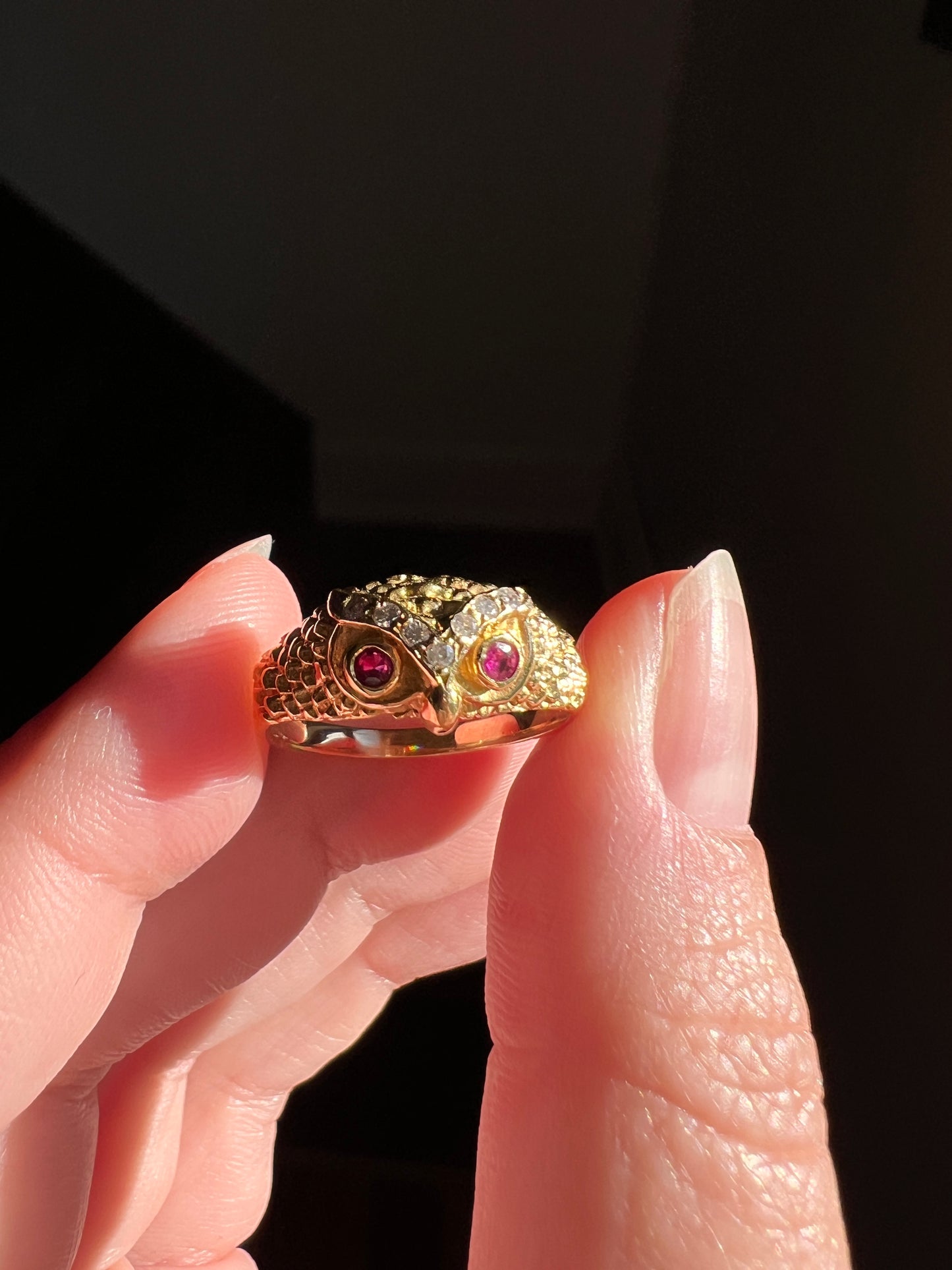 OWL French Vintage 18k Gold Perched Figural Ring Diamond and Ruby Eyes