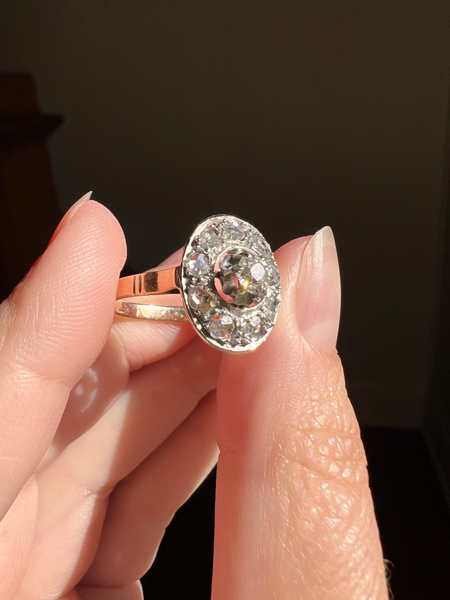 Oval HALO Rose & Old Mine Cut Diamond Cluster Target Ring French Antique Belle Epoque 18k Gold